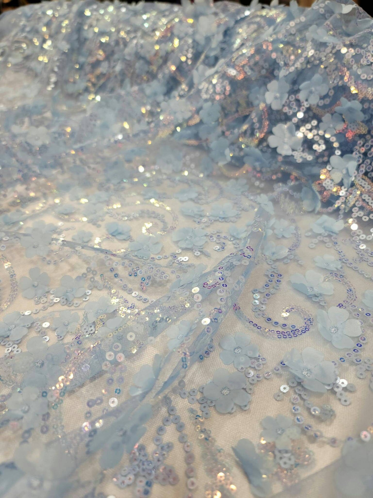 Sky Blue Lace Iridescent Sequin Fabric Sold by the Yard 3d Floral Flowers Embroidered on Mesh Prom Gown Quinceañera Bridal Dress