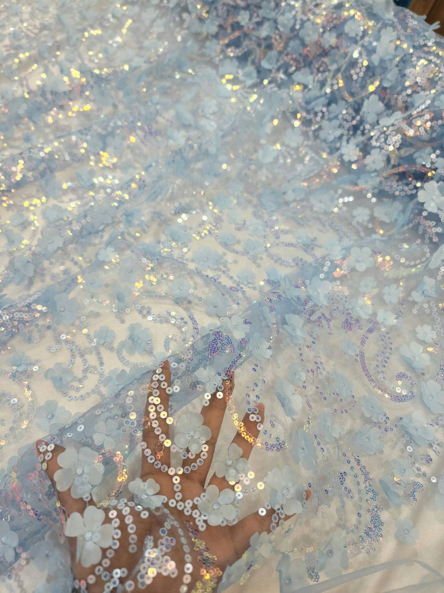 Sky Blue Lace Iridescent Sequin Fabric Sold by the Yard 3d Floral Flowers Embroidered on Mesh Prom Gown Quinceañera Bridal Dress