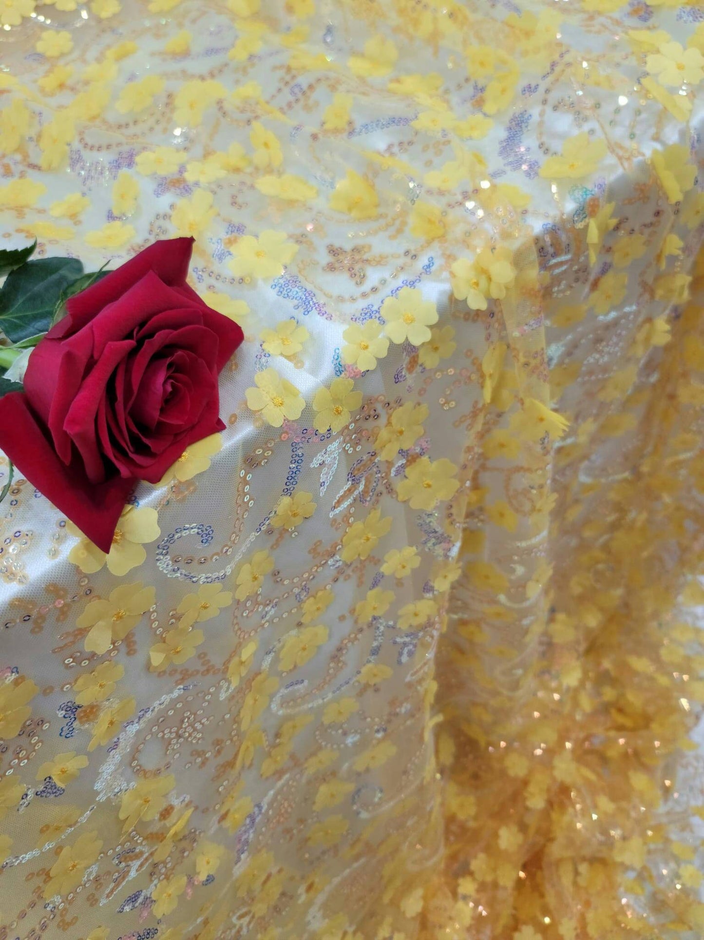 Yellow Embroidery Lace 3d Floral Fabric Sold by the Yard Gown Quinceañera Bridal Evening Dress Decoration Sequin Hologram Iridescent