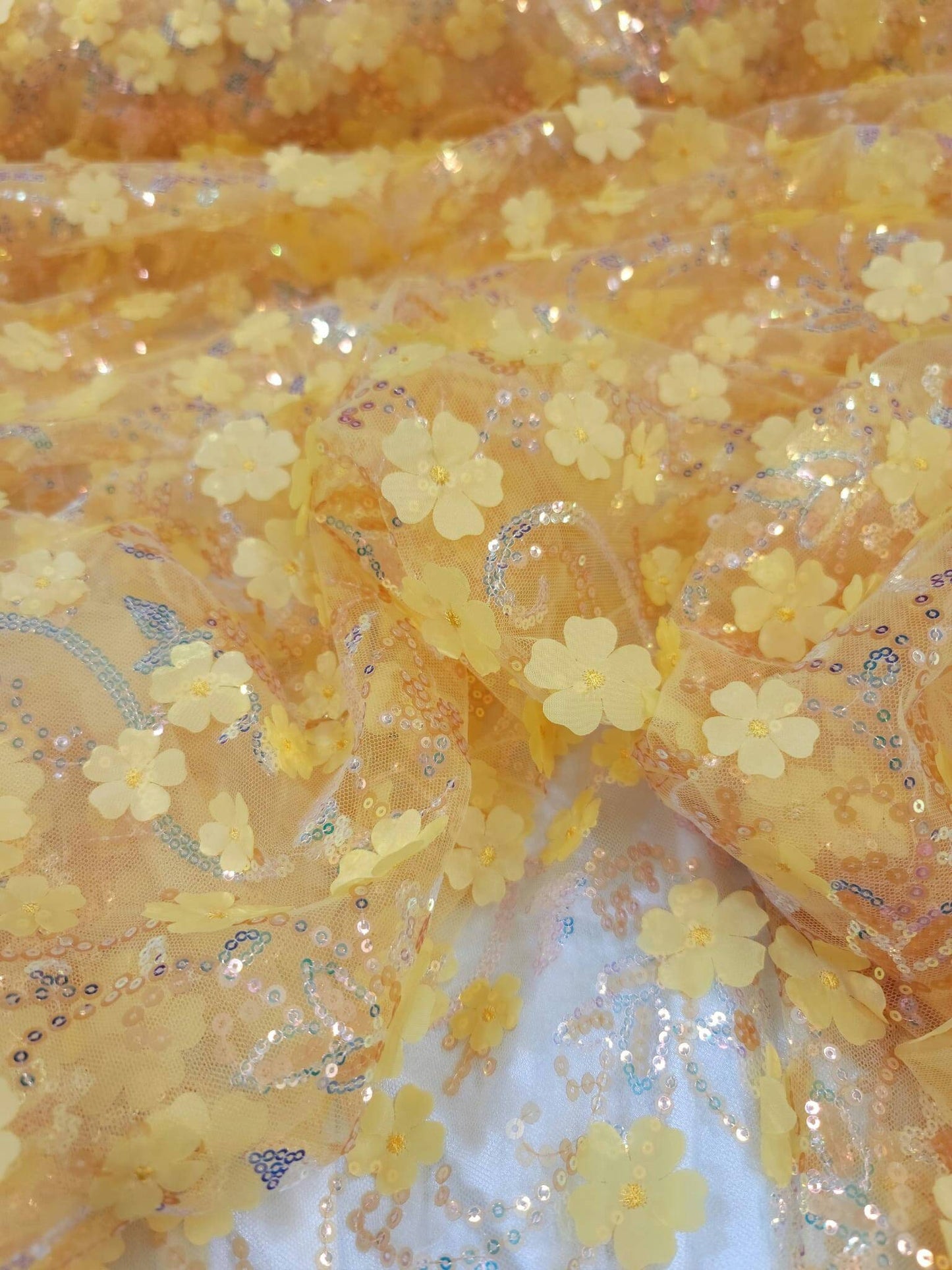 Yellow Embroidery Lace 3d Floral Fabric Sold by the Yard Gown Quinceañera Bridal Evening Dress Decoration Sequin Hologram Iridescent