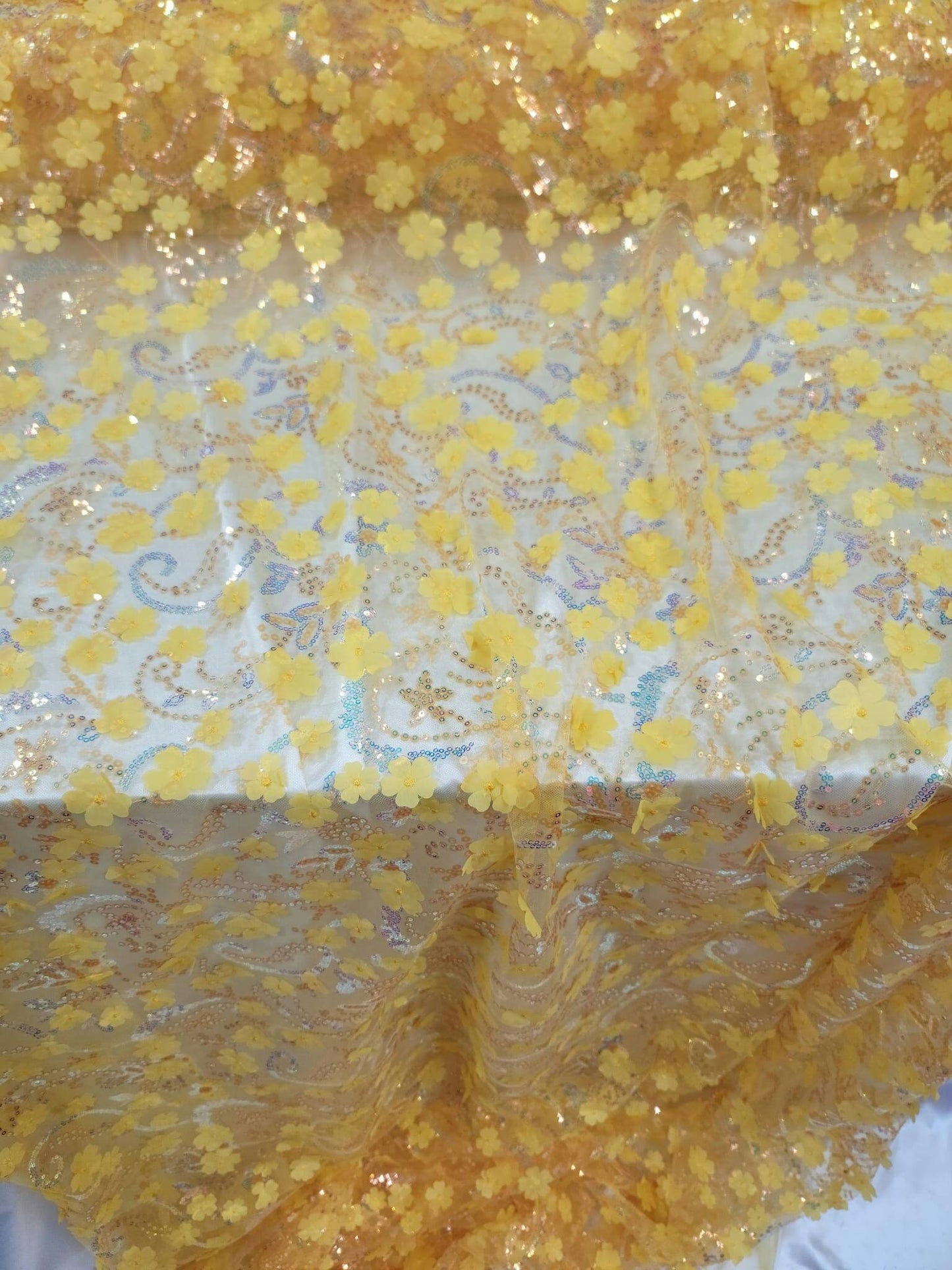 Yellow Embroidery Lace 3d Floral Fabric Sold by the Yard Gown Quinceañera Bridal Evening Dress Decoration Sequin Hologram Iridescent
