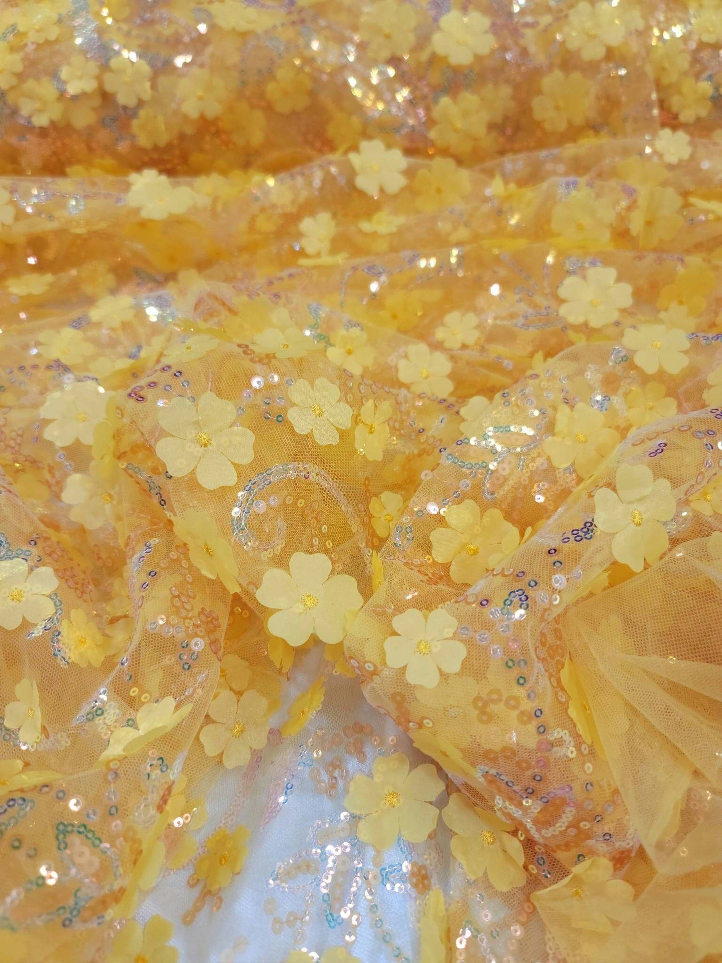 Yellow Embroidery Lace 3d Floral Fabric Sold by the Yard Gown Quinceañera Bridal Evening Dress Decoration Sequin Hologram Iridescent