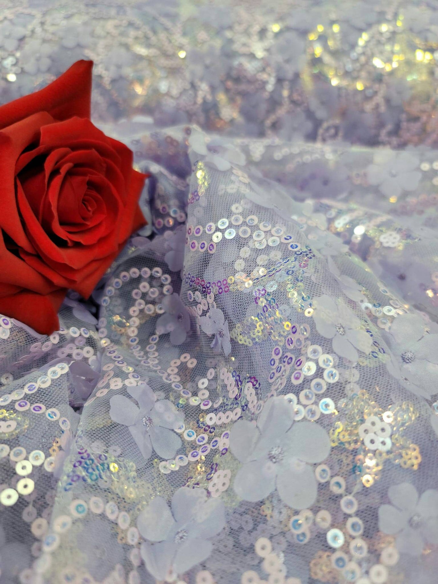 Lavender Lace Embroidery 3D Floral Flowers Iridescent Sequin Fabric By The Yard Quinceañera Bridal Evening Prom Gown
