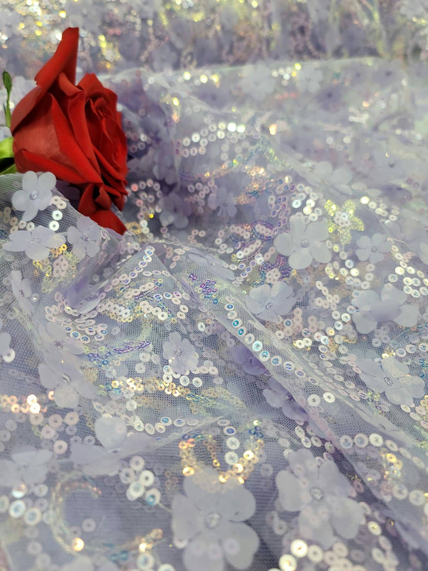 Lavender Lace Embroidery 3D Floral Flowers Iridescent Sequin Fabric By The Yard Quinceañera Bridal Evening Prom Gown
