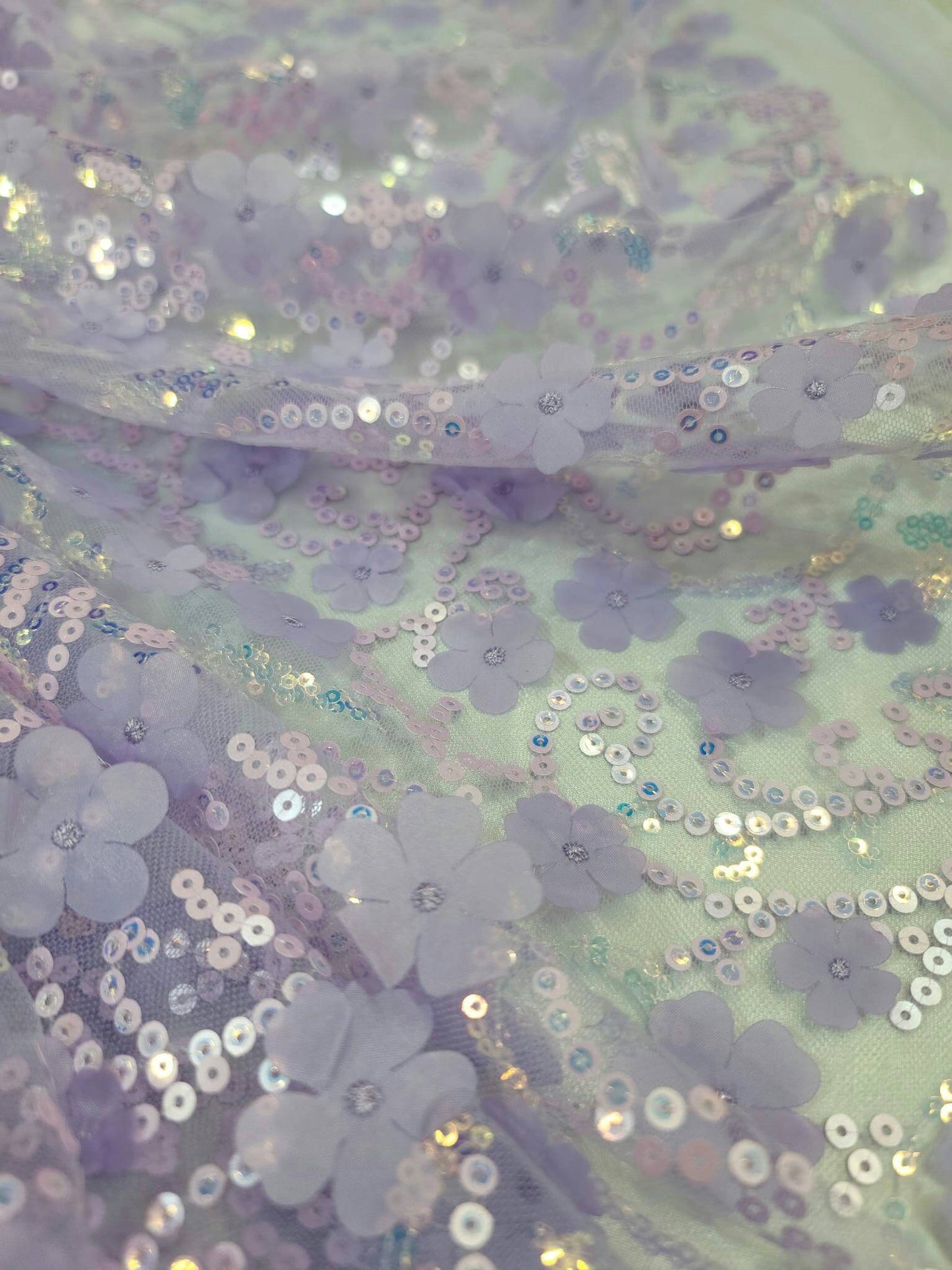 Lavender Lace Embroidery 3D Floral Flowers Iridescent Sequin Fabric By The Yard Quinceañera Bridal Evening Prom Gown