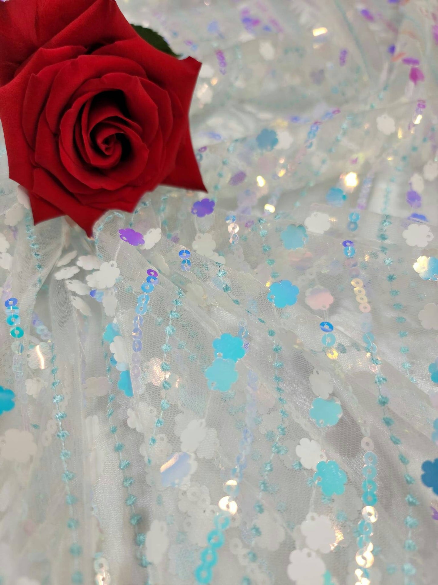 White Embroidered Lace Floral Flowers Iridescent Sequin Mesh Fabric Sold by the Yard Bridal Evening Dress Prom Quinceañera Gown