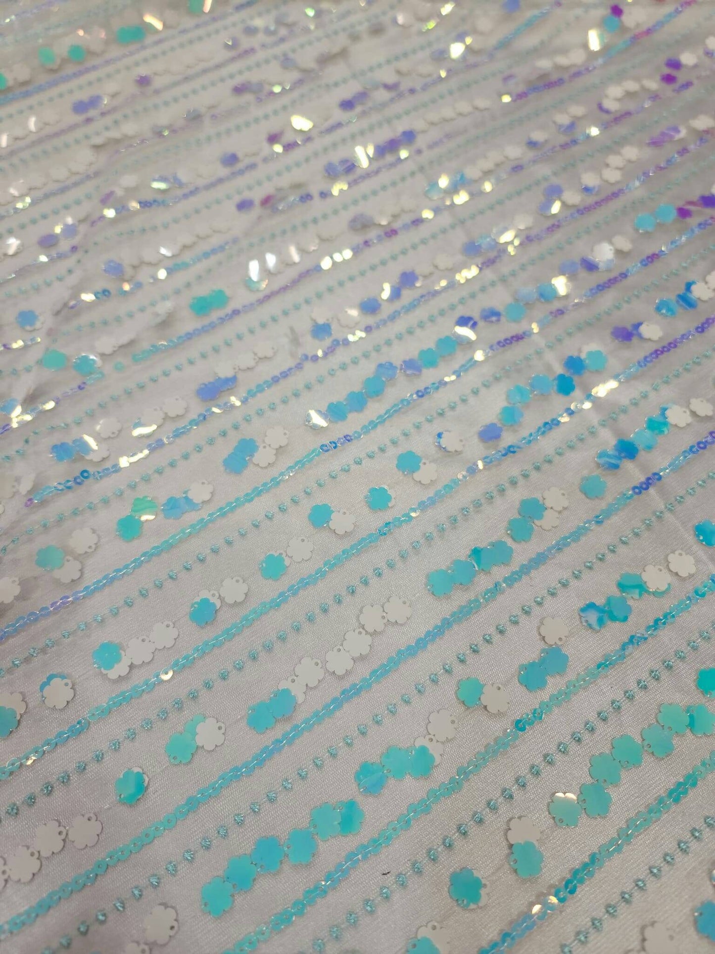 White Embroidered Lace Floral Flowers Iridescent Sequin Mesh Fabric Sold by the Yard Bridal Evening Dress Prom Quinceañera Gown