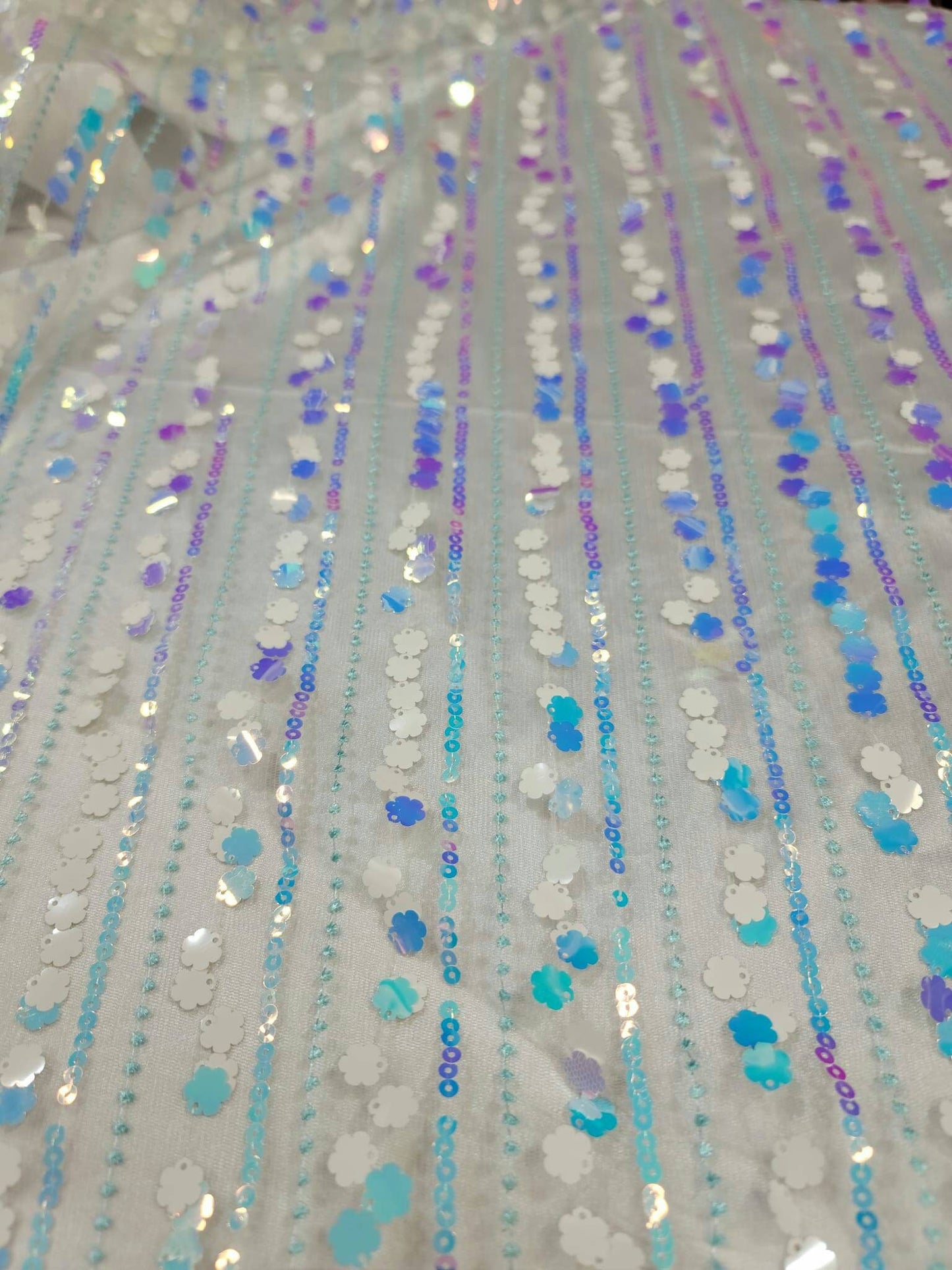 White Embroidered Lace Floral Flowers Iridescent Sequin Mesh Fabric Sold by the Yard Bridal Evening Dress Prom Quinceañera Gown