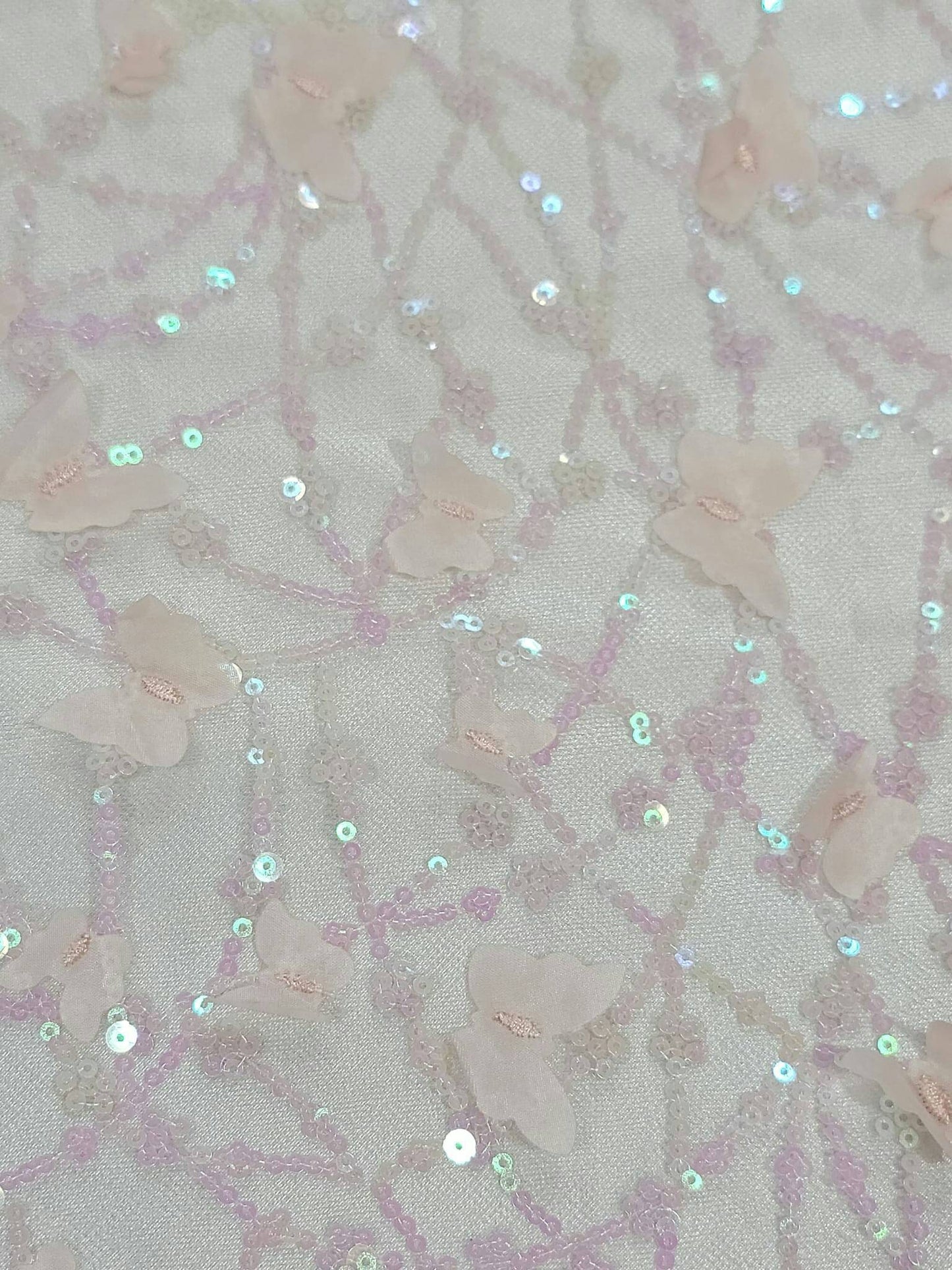 Light Pink Lace Embroidery 3d Butterflies Iridescent Sequin On Mesh Prom Fabric Sold By The Yard Quinceañera Bridal