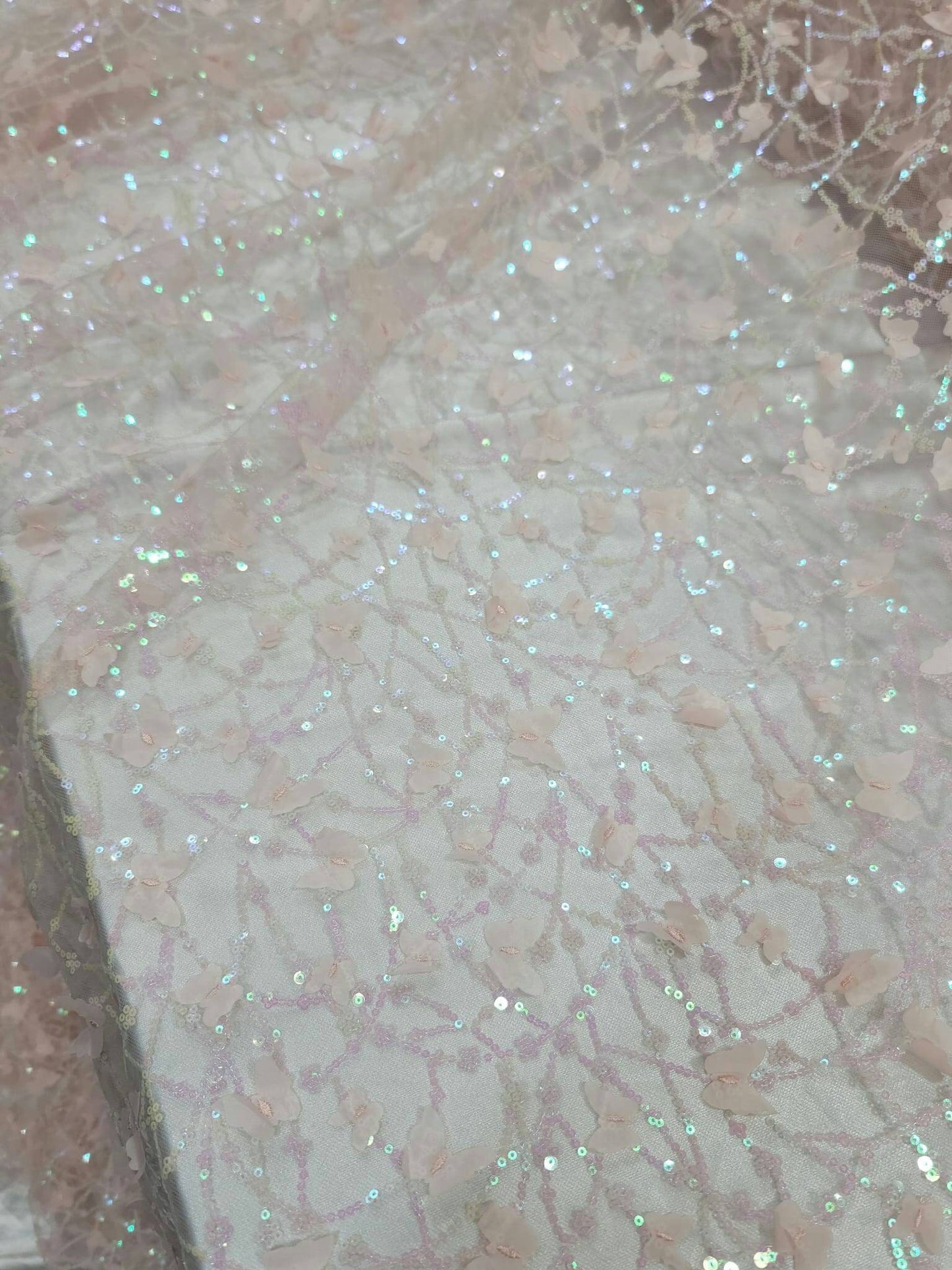 Light Pink Lace Embroidery 3d Butterflies Iridescent Sequin On Mesh Prom Fabric Sold By The Yard Quinceañera Bridal