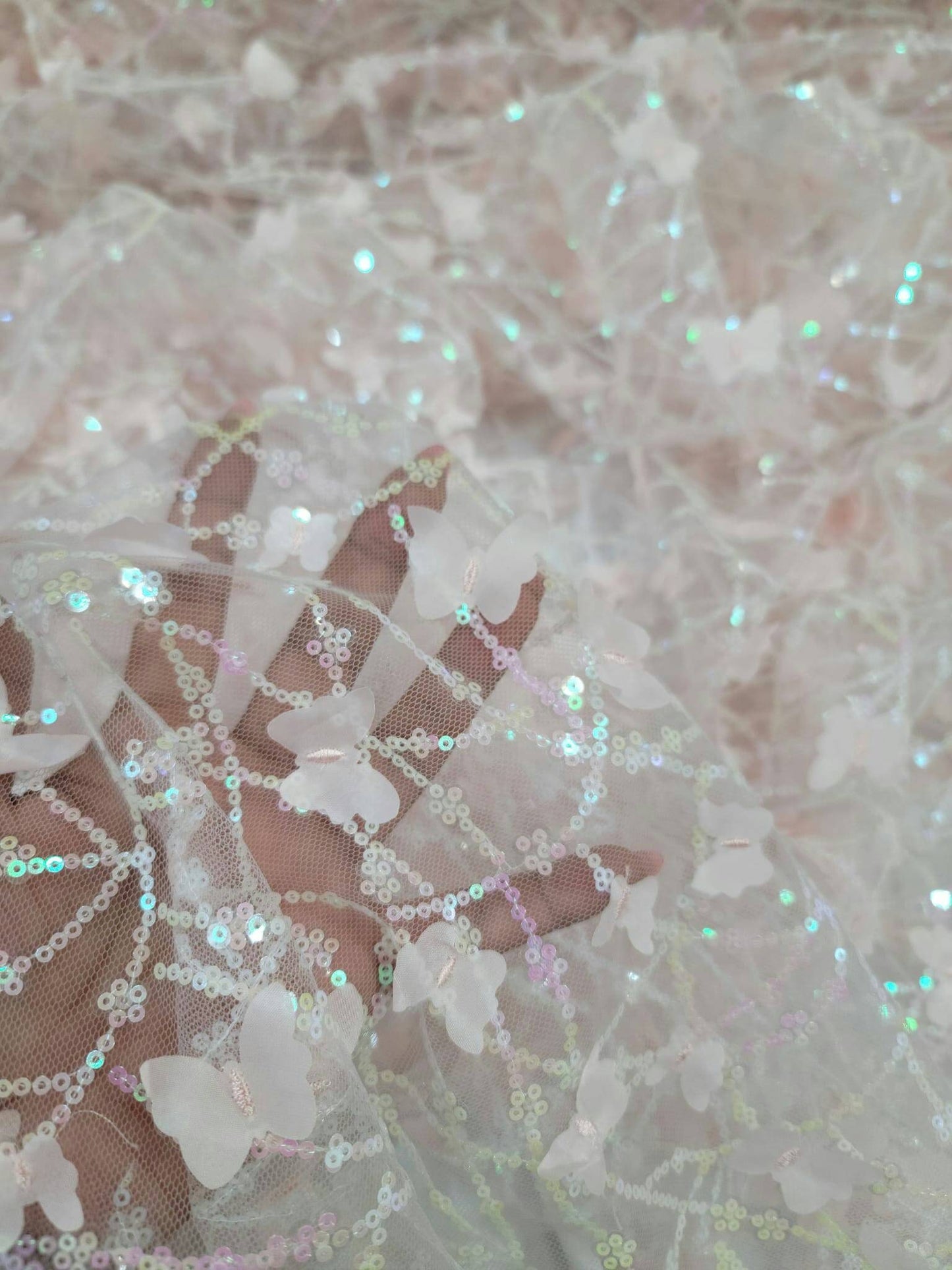 Light Pink Lace Embroidery 3d Butterflies Iridescent Sequin On Mesh Prom Fabric Sold By The Yard Quinceañera Bridal