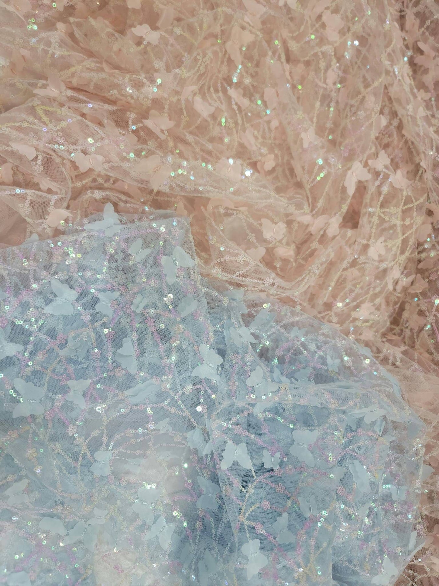 Light Pink Lace Embroidery 3d Butterflies Iridescent Sequin On Mesh Prom Fabric Sold By The Yard Quinceañera Bridal