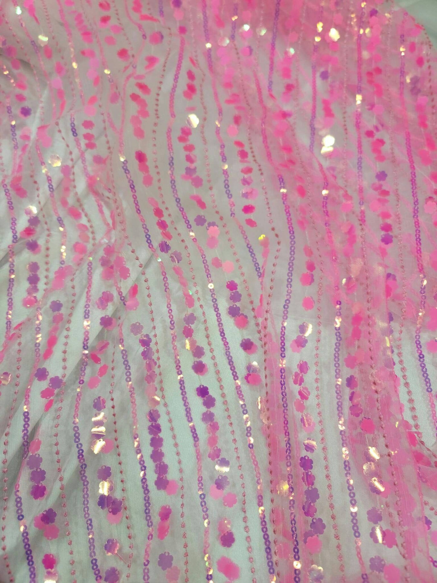 Neón Pink Lace 3d Sequin Iridescent Floral Flowers Prom Fabric Sold by the Yard Gown Quinceañera Bridal Evening Dress Decoration