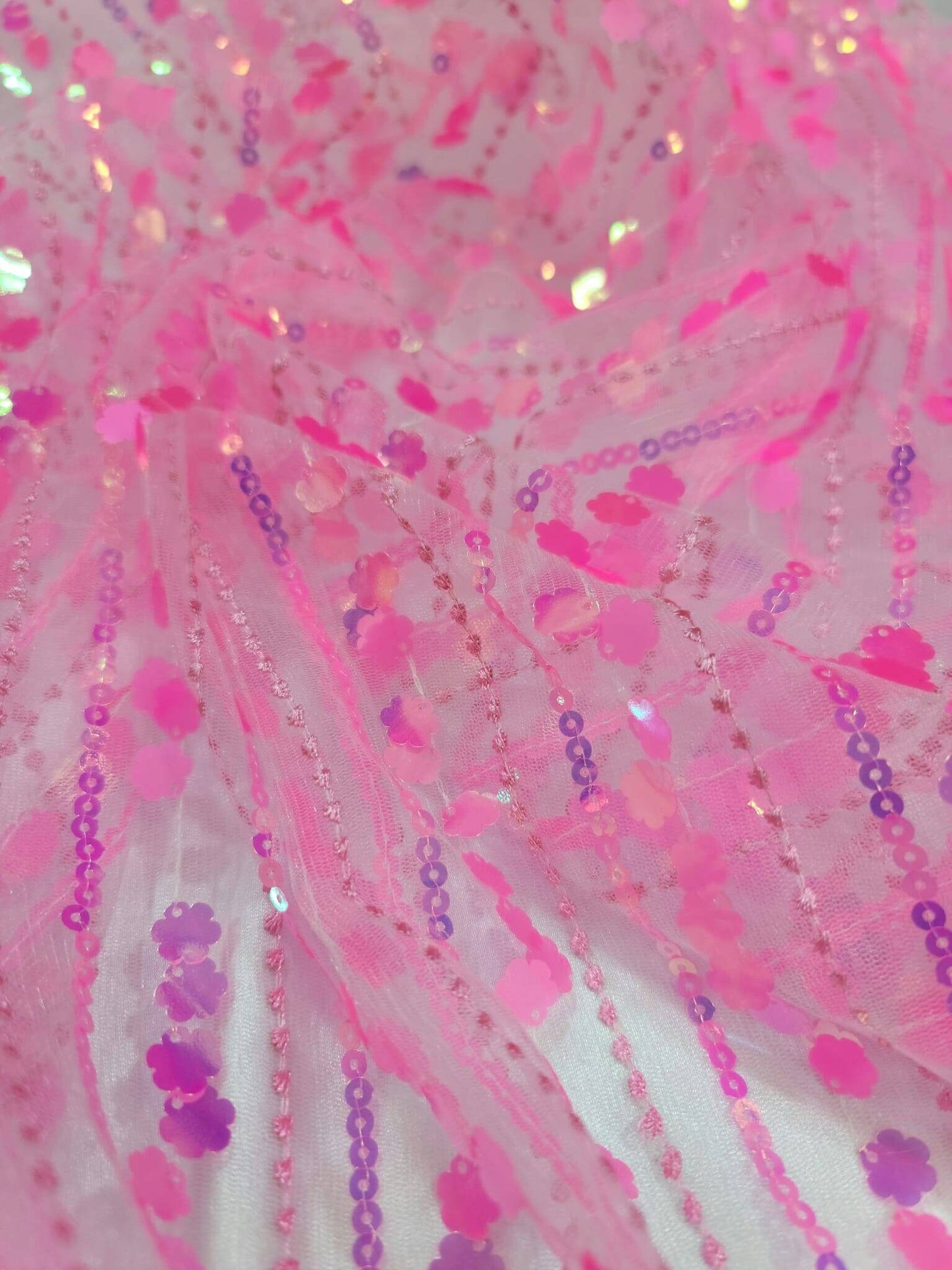 Neón Pink Lace 3d Sequin Iridescent Floral Flowers Prom Fabric Sold by the Yard Gown Quinceañera Bridal Evening Dress Decoration