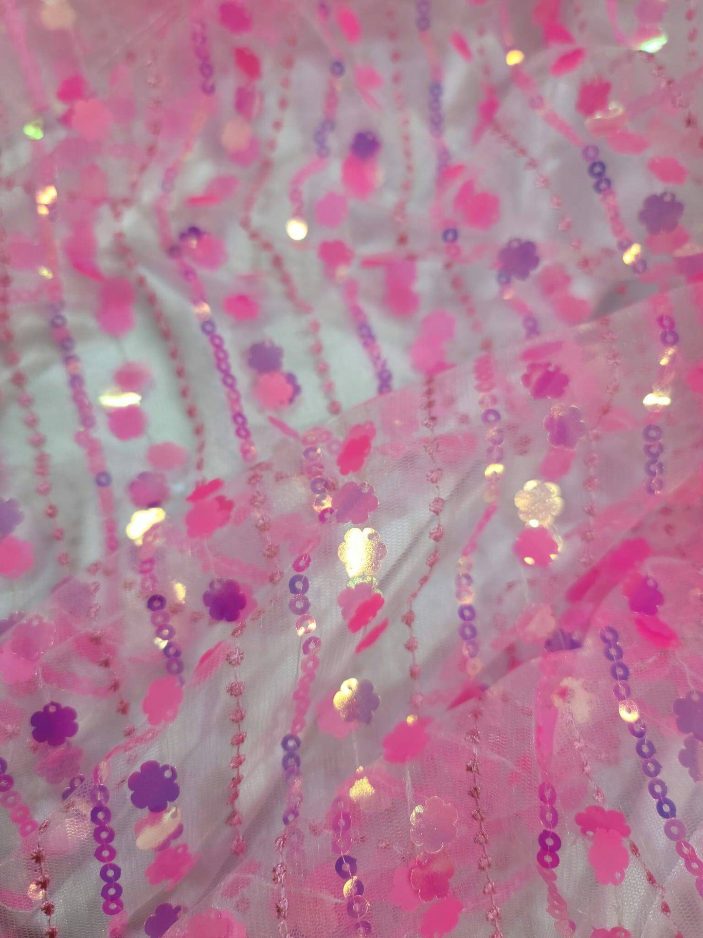 Neón Pink Lace 3d Sequin Iridescent Floral Flowers Prom Fabric Sold by the Yard Gown Quinceañera Bridal Evening Dress Decoration