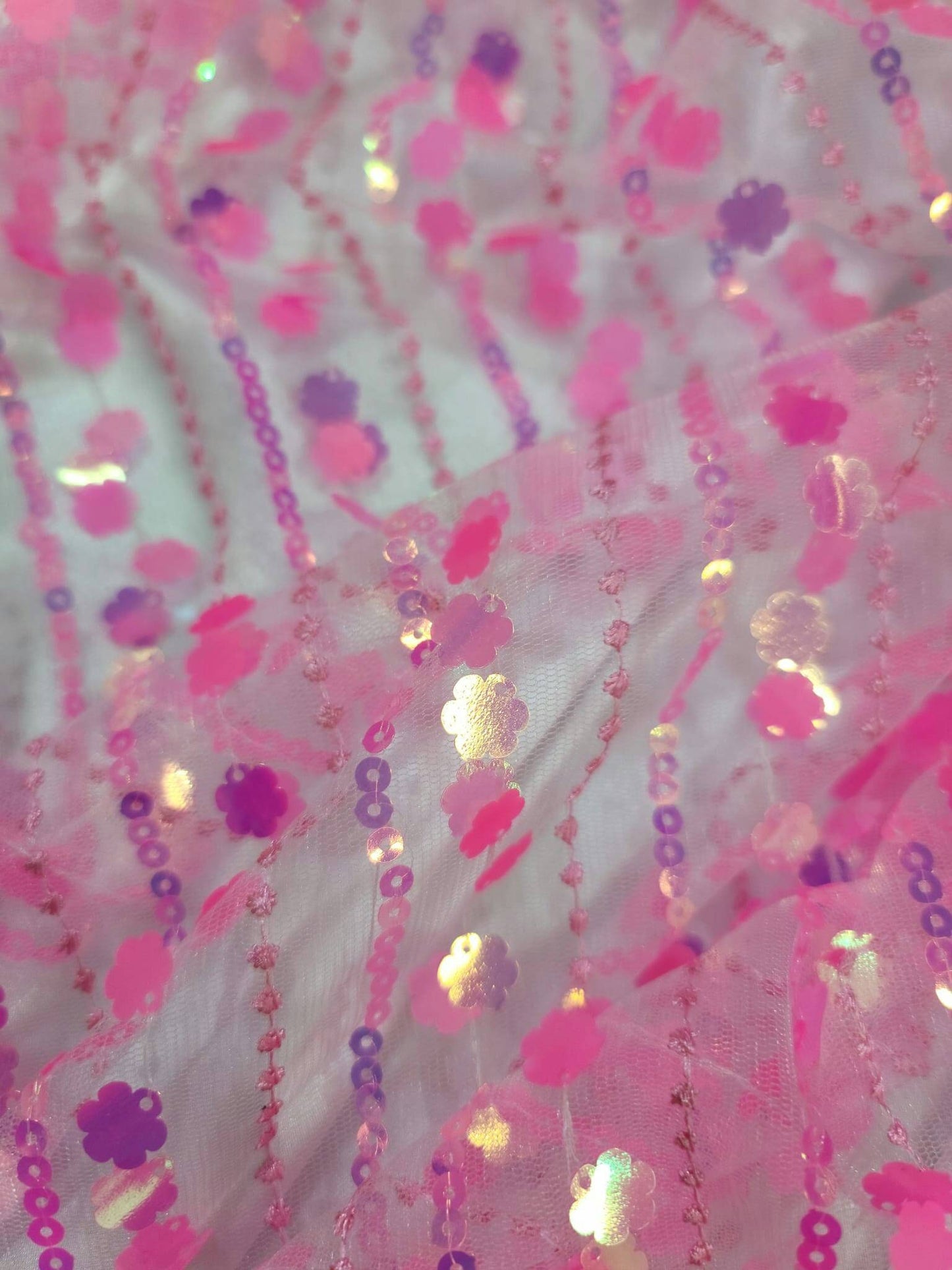 Neón Pink Lace 3d Sequin Iridescent Floral Flowers Prom Fabric Sold by the Yard Gown Quinceañera Bridal Evening Dress Decoration