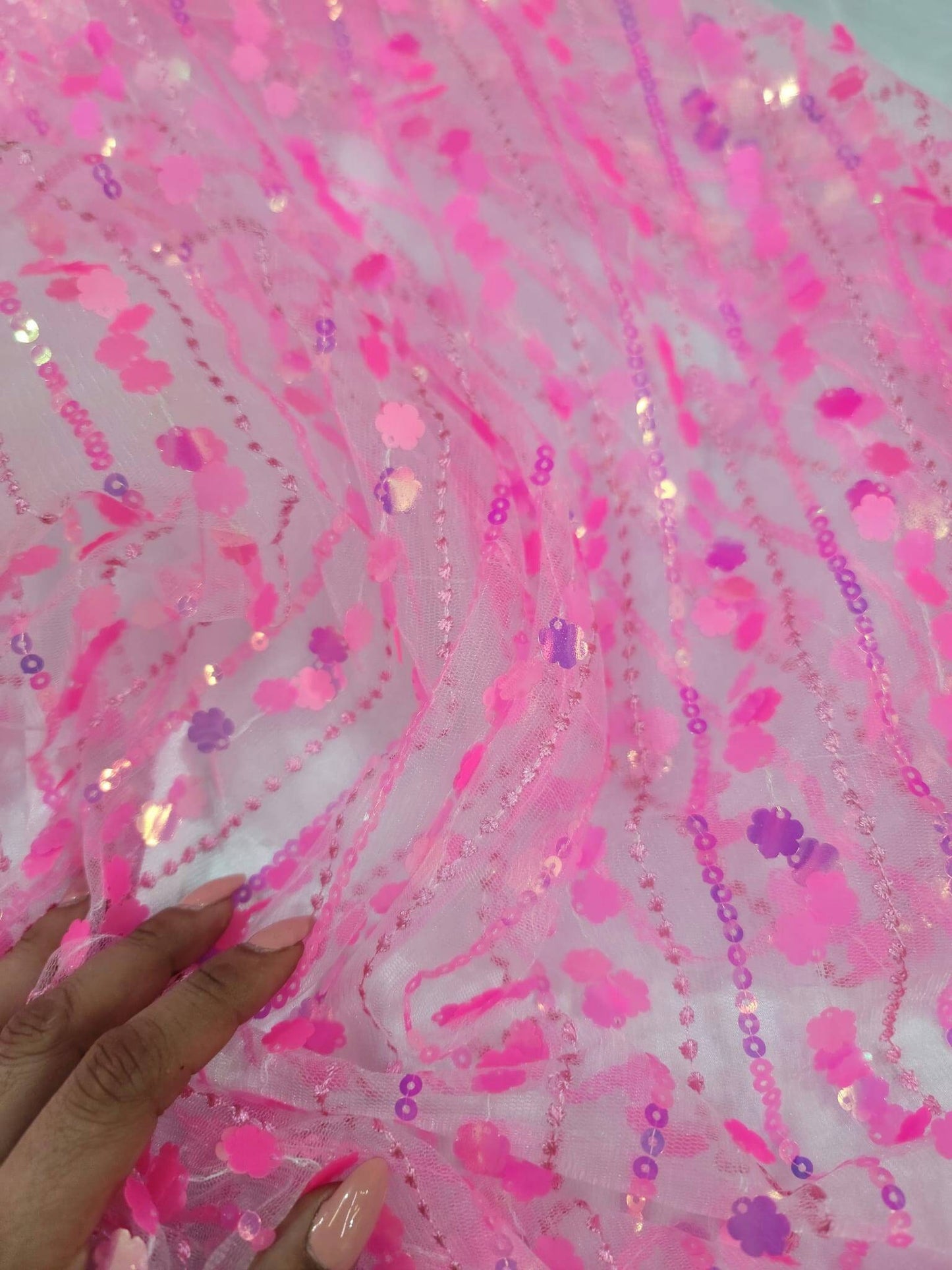 Neón Pink Lace 3d Sequin Iridescent Floral Flowers Prom Fabric Sold by the Yard Gown Quinceañera Bridal Evening Dress Decoration