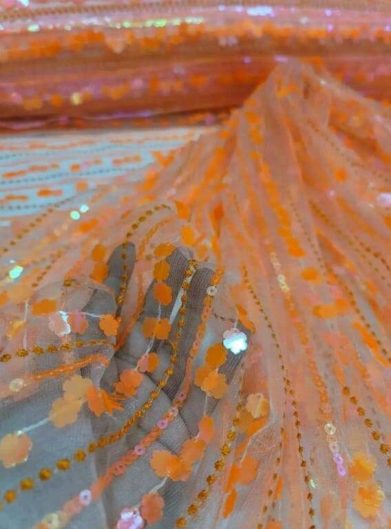 Orange Lace Neon Iridescent Hologram Sequin Floral Flowers Fabric By The Yard Gown Quinceañera Bridal Evening Dress