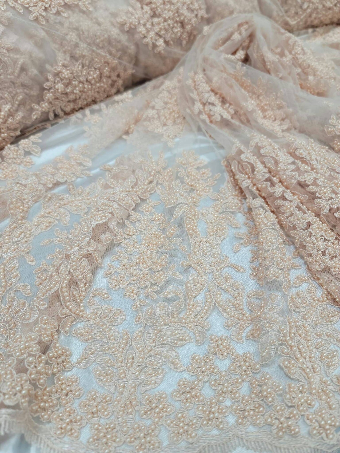 Blush Beaded Lace Floral Embroidered On Mesh Fabric Sold By The Yard Quinceañera Bridal Evening Prom