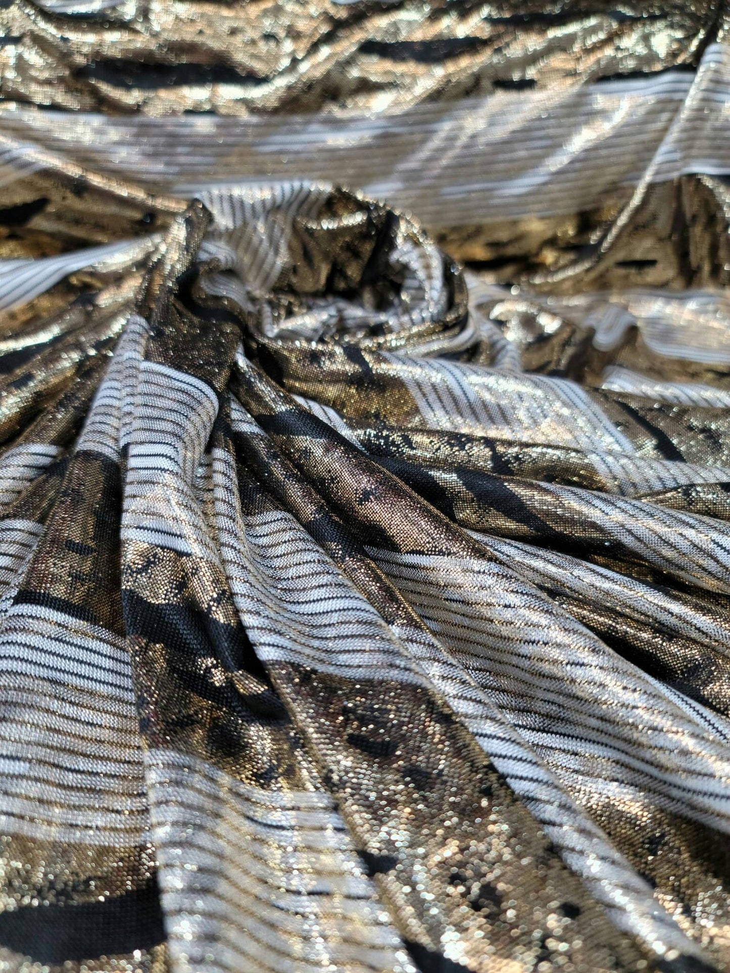 Gold Sparkly Metallic Black Striped Four Way Stretch Ivory Spandex Fabric Sold By The Yard Bridal Decoration Draping.