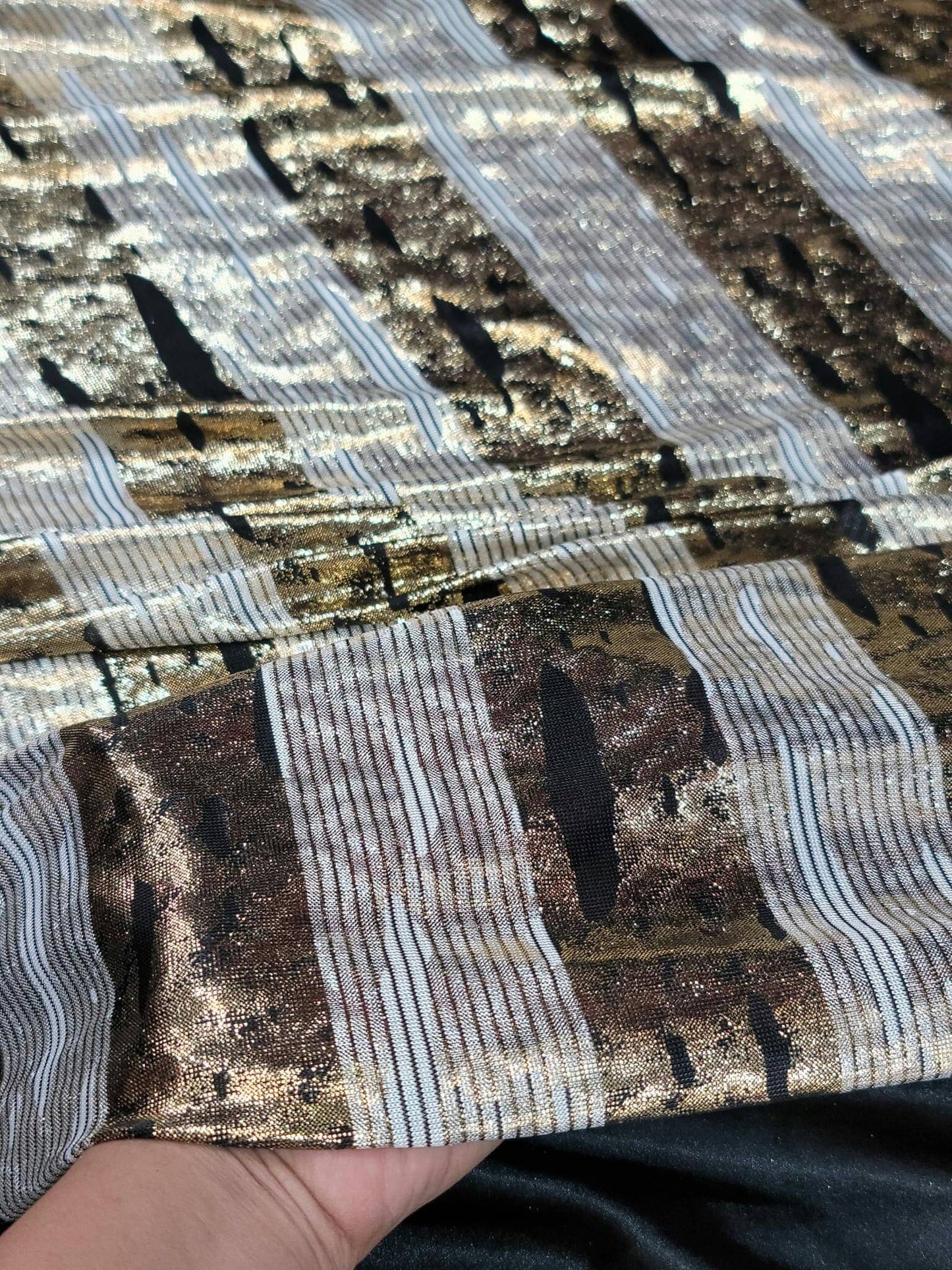 Gold Sparkly Metallic Black Striped Four Way Stretch Ivory Spandex Fabric Sold By The Yard Bridal Decoration Draping.