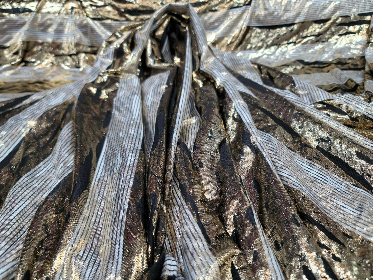 Gold Sparkly Metallic Black Striped Four Way Stretch Ivory Spandex Fabric Sold By The Yard Bridal Decoration Draping.