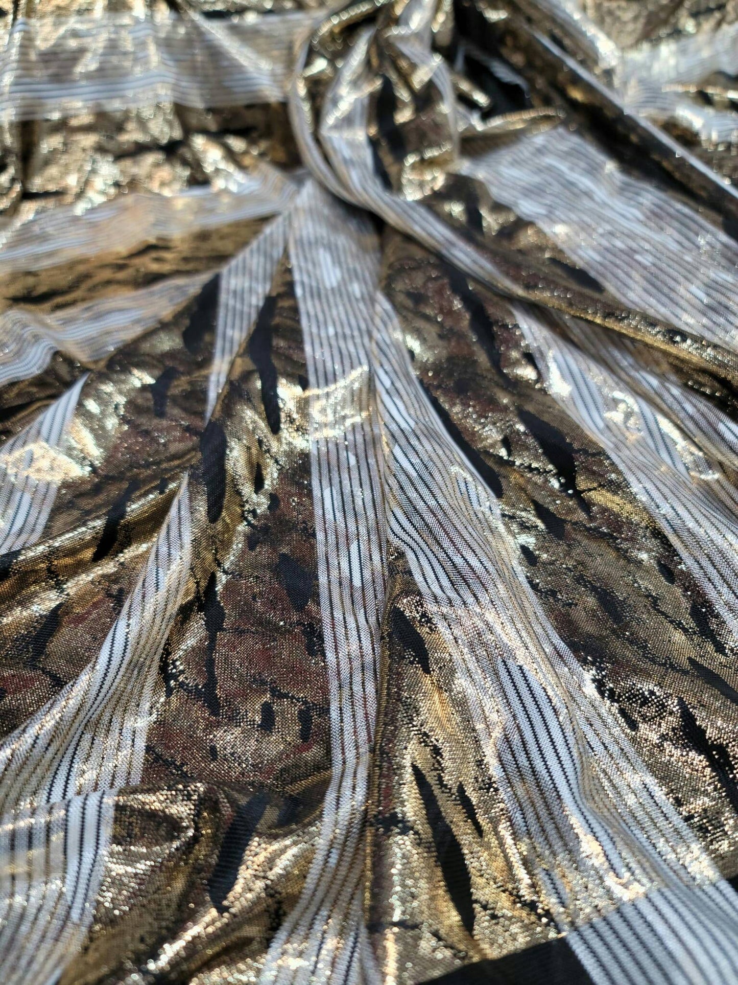 Gold Sparkly Metallic Black Striped Four Way Stretch Ivory Spandex Fabric Sold By The Yard Bridal Decoration Draping.