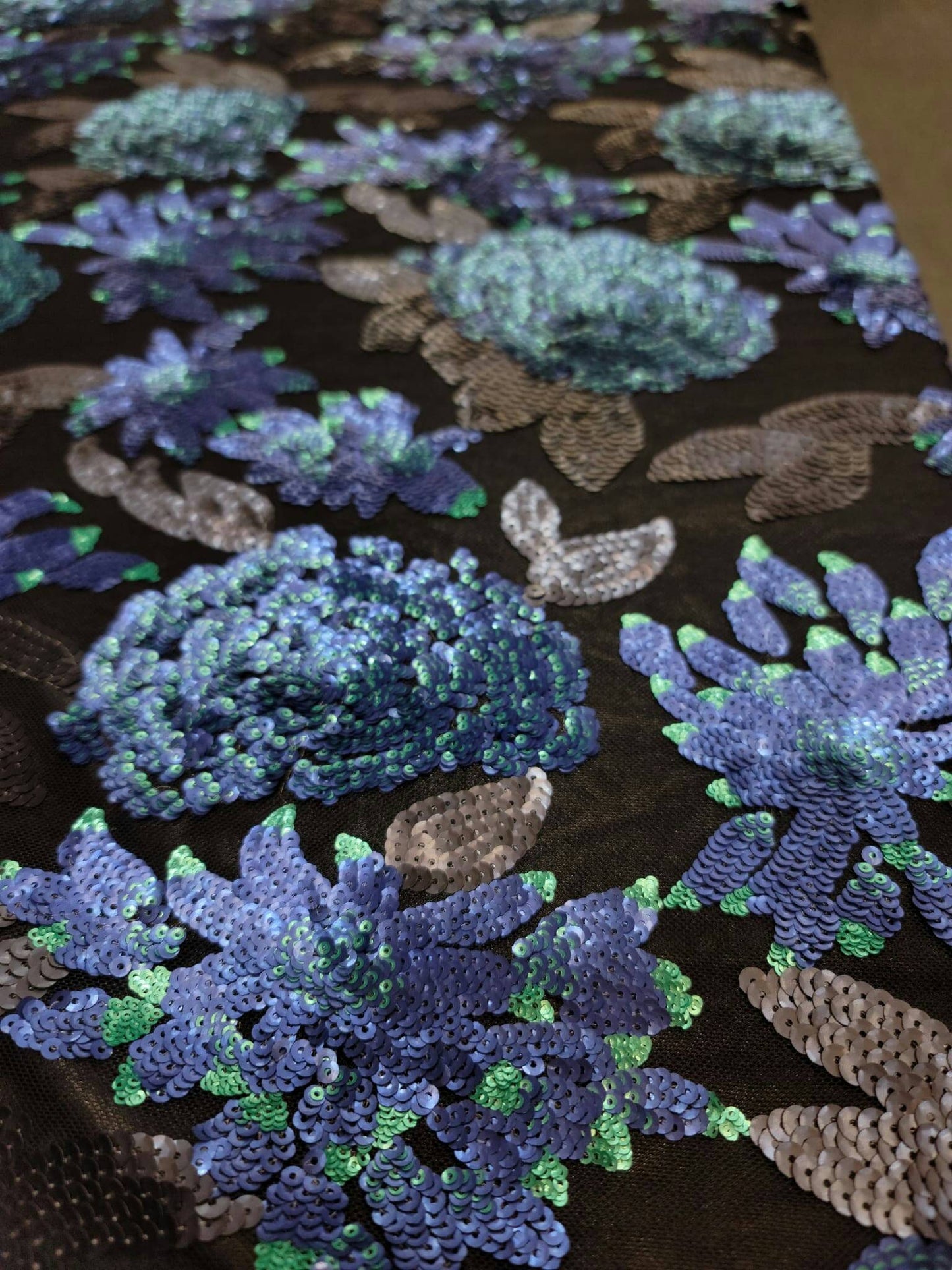 Black Sequin Lace Blue Teal Flowers Prom Fabric Sold by the Yard Gown Quinceañera Bridal Evening Dress Gorgeous Decoration Draping Dancer