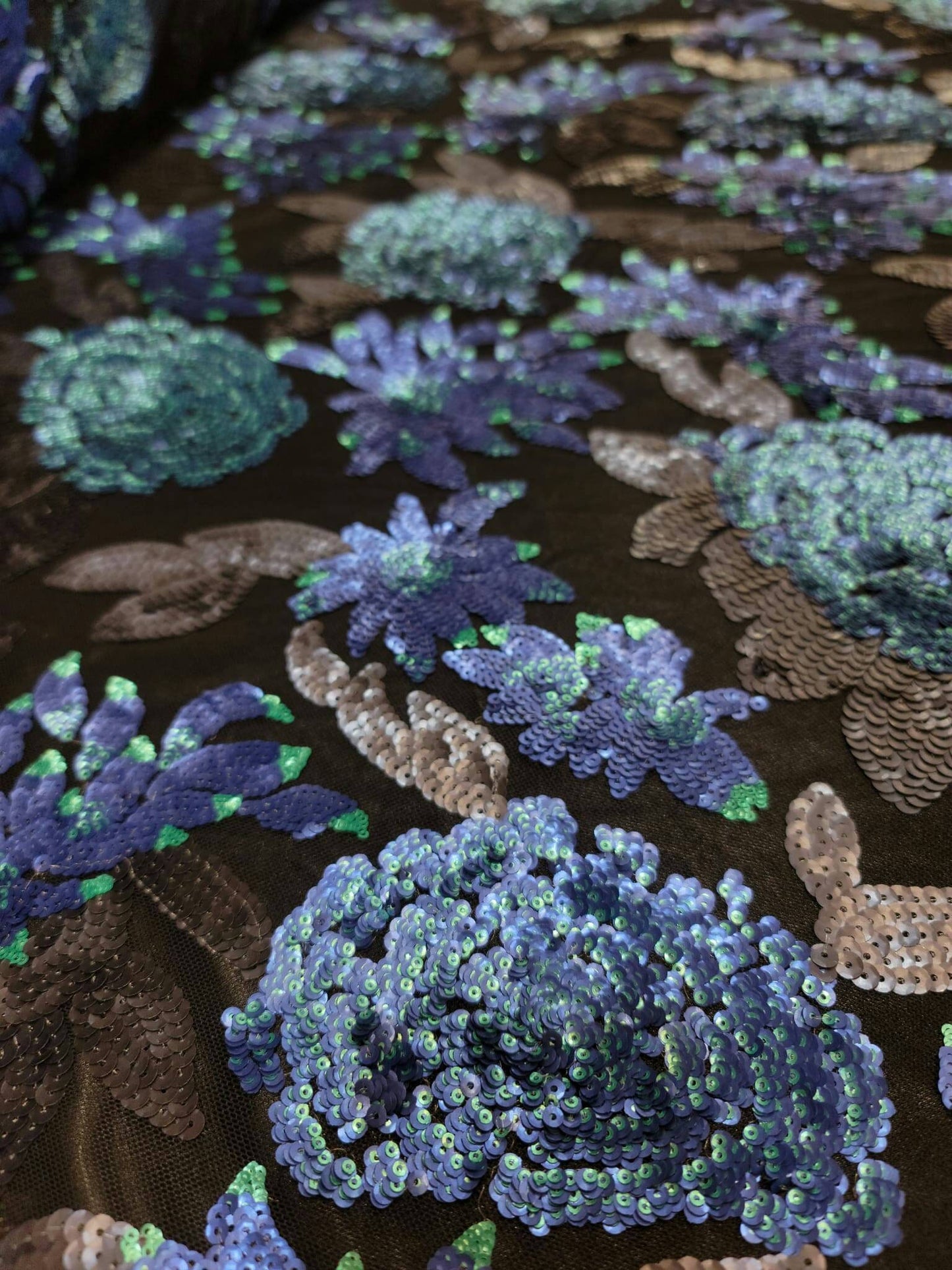 Black Sequin Lace Blue Teal Flowers Prom Fabric Sold by the Yard Gown Quinceañera Bridal Evening Dress Gorgeous Decoration Draping Dancer