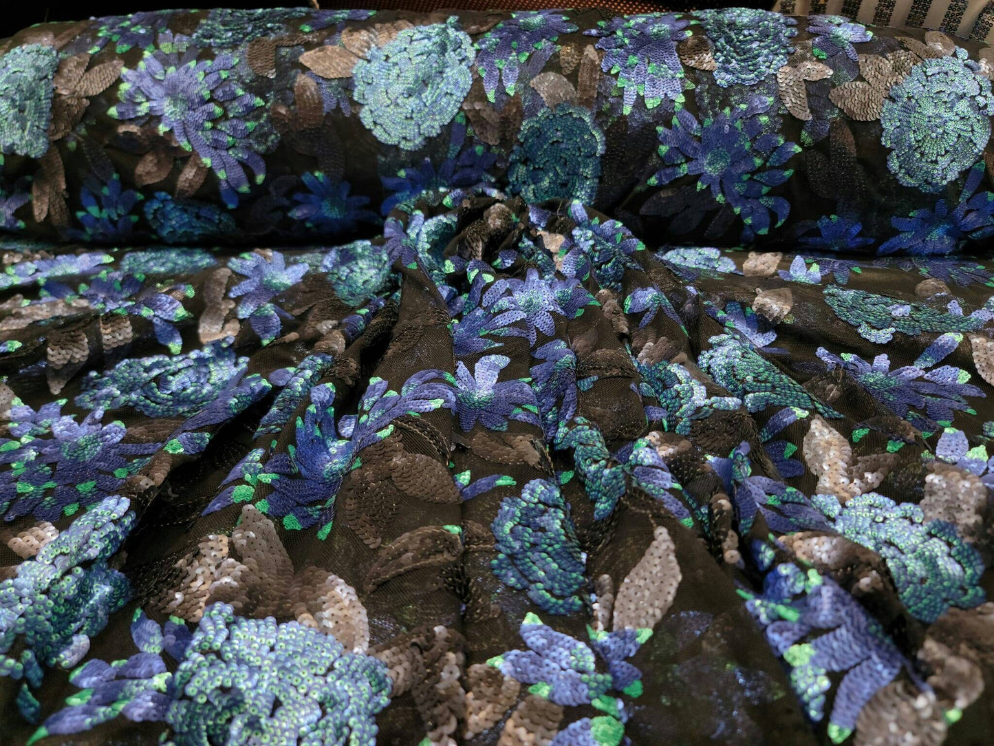 Black Sequin Lace Blue Teal Flowers Prom Fabric Sold by the Yard Gown Quinceañera Bridal Evening Dress Gorgeous Decoration Draping Dancer