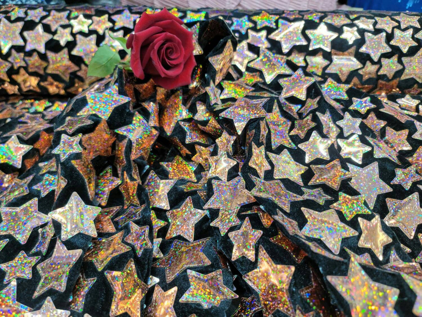 Rose Gold Stars Iridescent On Black Stretch Velvet Fabric By The Yard Clothing Decoration Christmas