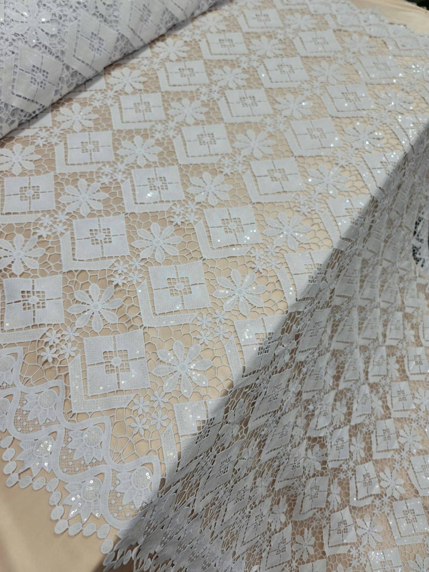White Embroidered Floral Flowers Geometric Guipure Lace Clear Sequin Fabric Sold by the Yard Gown Bridal Evening Dress