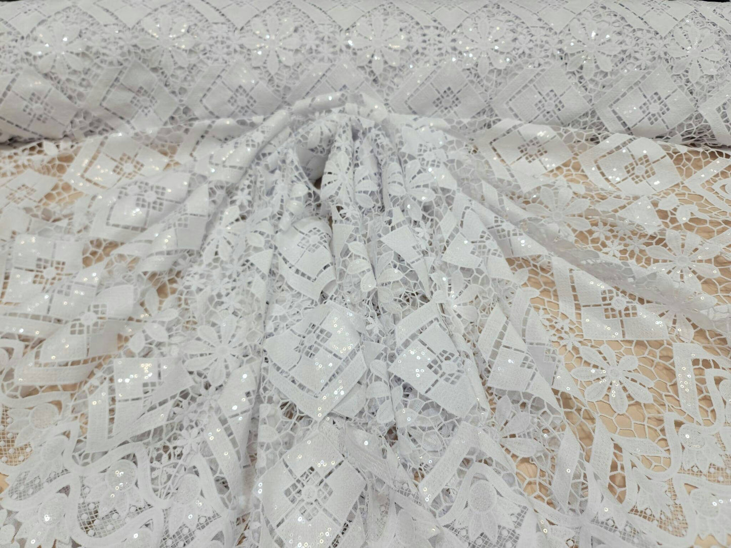 White Embroidered Floral Flowers Geometric Guipure Lace Clear Sequin Fabric Sold by the Yard Gown Bridal Evening Dress
