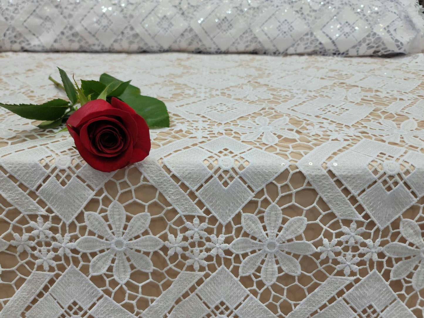 White Embroidered Floral Flowers Geometric Guipure Lace Clear Sequin Fabric Sold by the Yard Gown Bridal Evening Dress