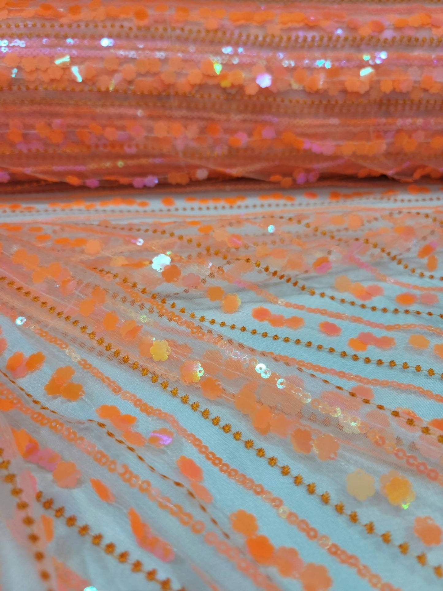 Orange Lace Neon Iridescent Hologram Sequin Floral Flowers Fabric By The Yard Gown Quinceañera Bridal Evening Dress
