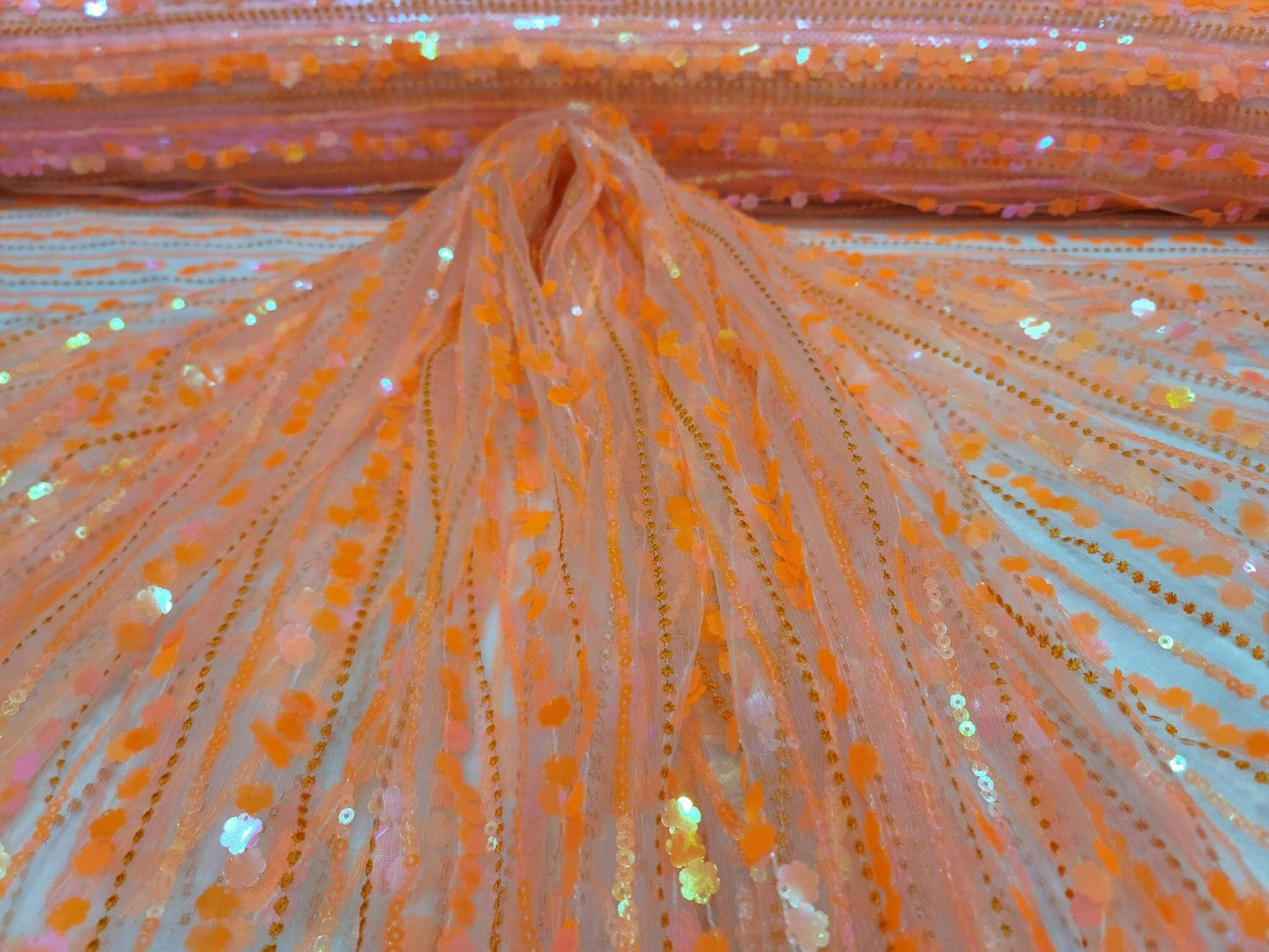 Orange Lace Neon Iridescent Hologram Sequin Floral Flowers Fabric By The Yard Gown Quinceañera Bridal Evening Dress