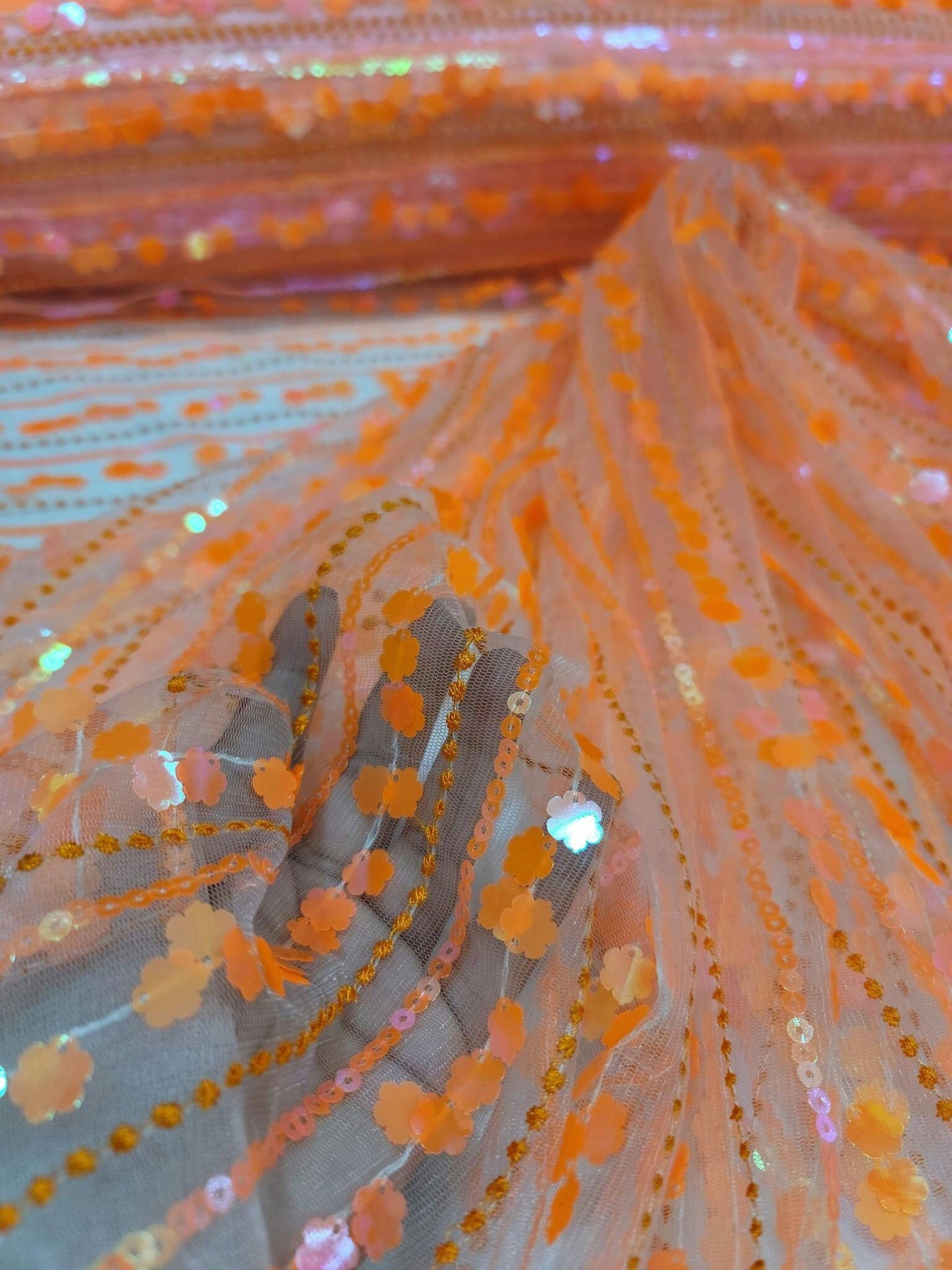 Orange Lace Neon Iridescent Hologram Sequin Floral Flowers Fabric By The Yard Gown Quinceañera Bridal Evening Dress