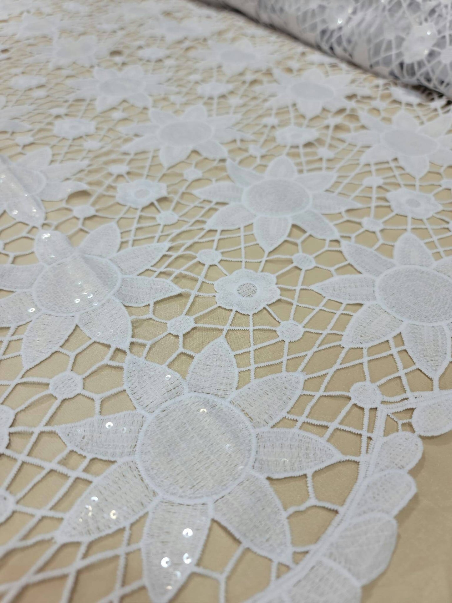White Lace Embroidered Clear Sequin Baptism Fabric By The Yard Drees Bridal fabric Wedding Gown Soft