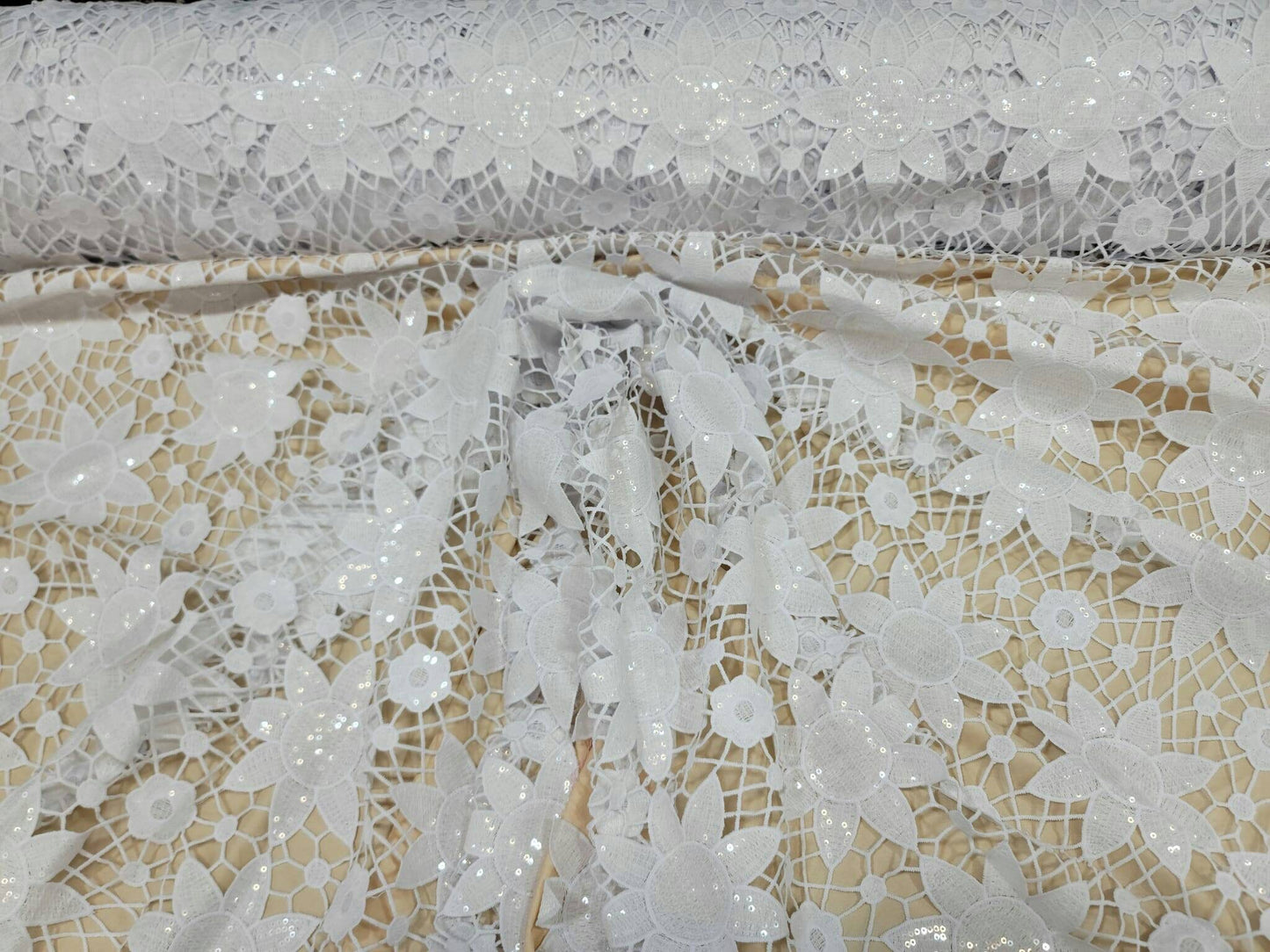 White Lace Embroidered Clear Sequin Baptism Fabric By The Yard Drees Bridal fabric Wedding Gown Soft