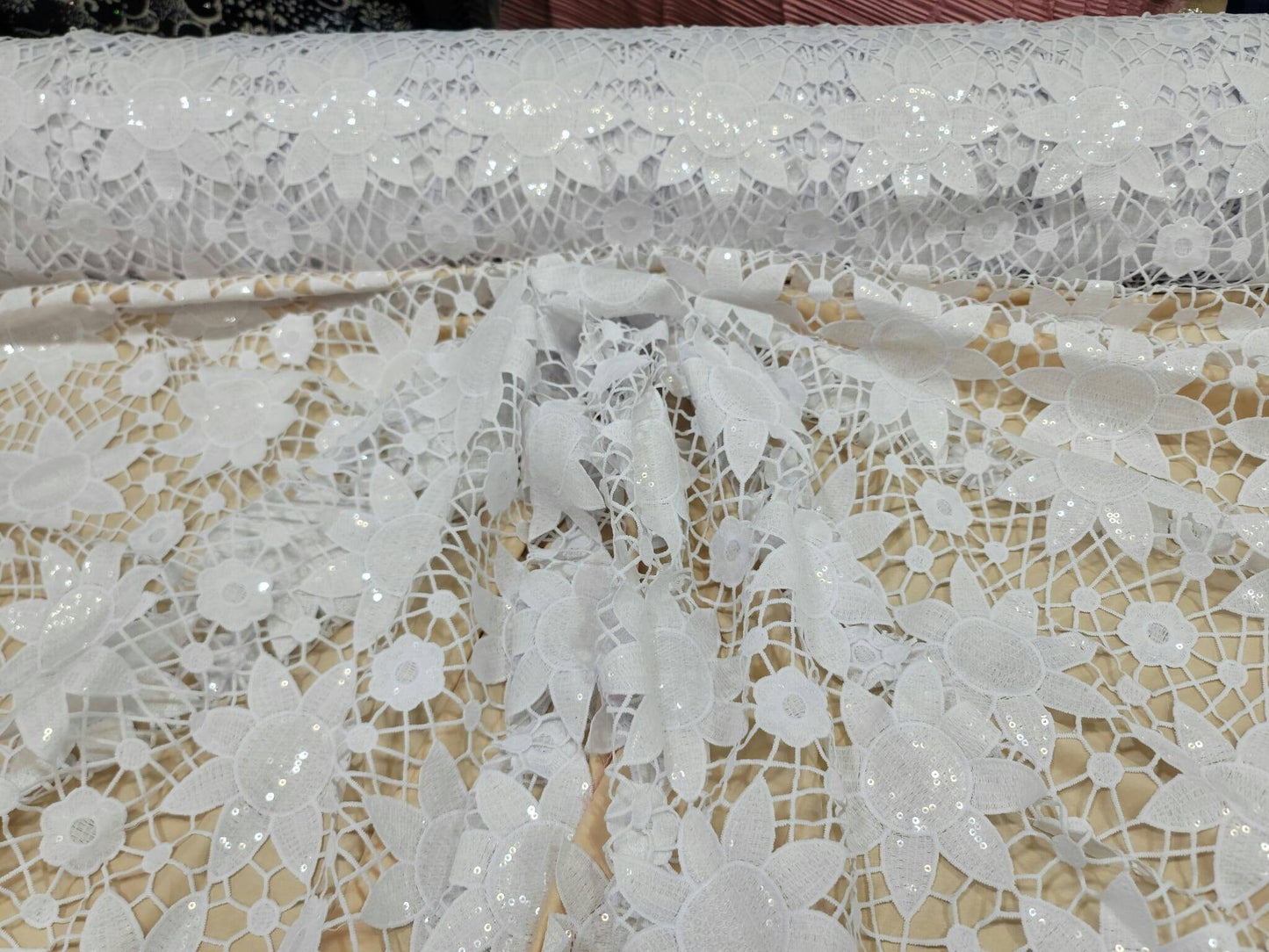 White Lace Embroidered Clear Sequin Baptism Fabric By The Yard Drees Bridal fabric Wedding Gown Soft
