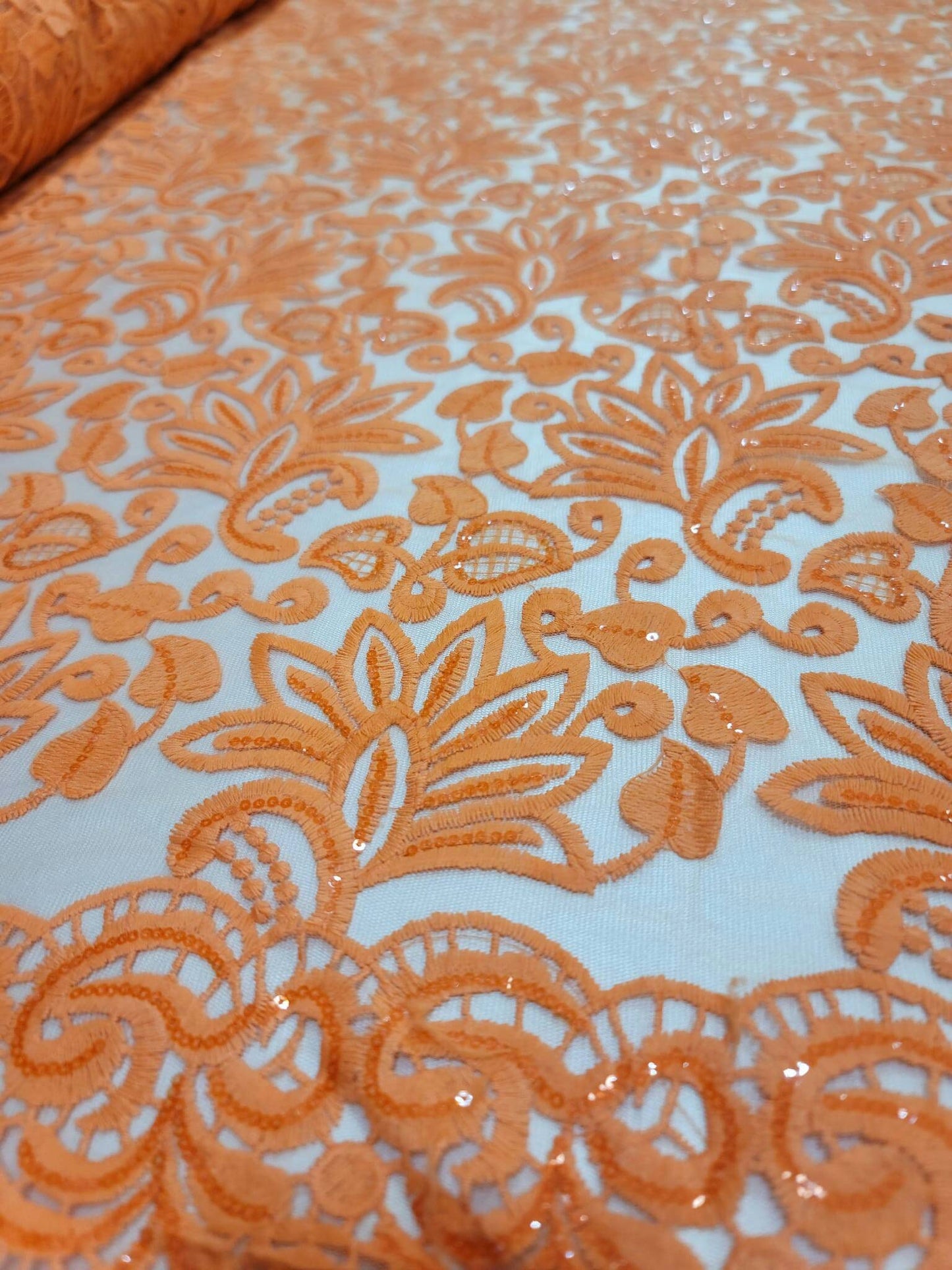 Orange Embroidery Lace Clear Sequin Fabric By The Yard Floral Flowers Double Scalloped Prom Quinceañera Bridal Evening Dress