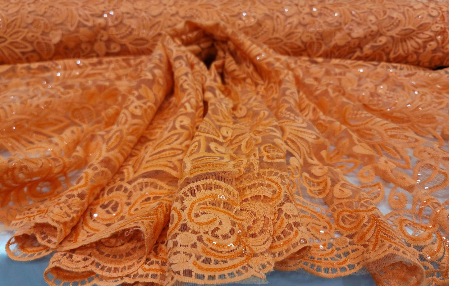Orange Embroidery Lace Clear Sequin Fabric By The Yard Floral Flowers Double Scalloped Prom Quinceañera Bridal Evening Dress