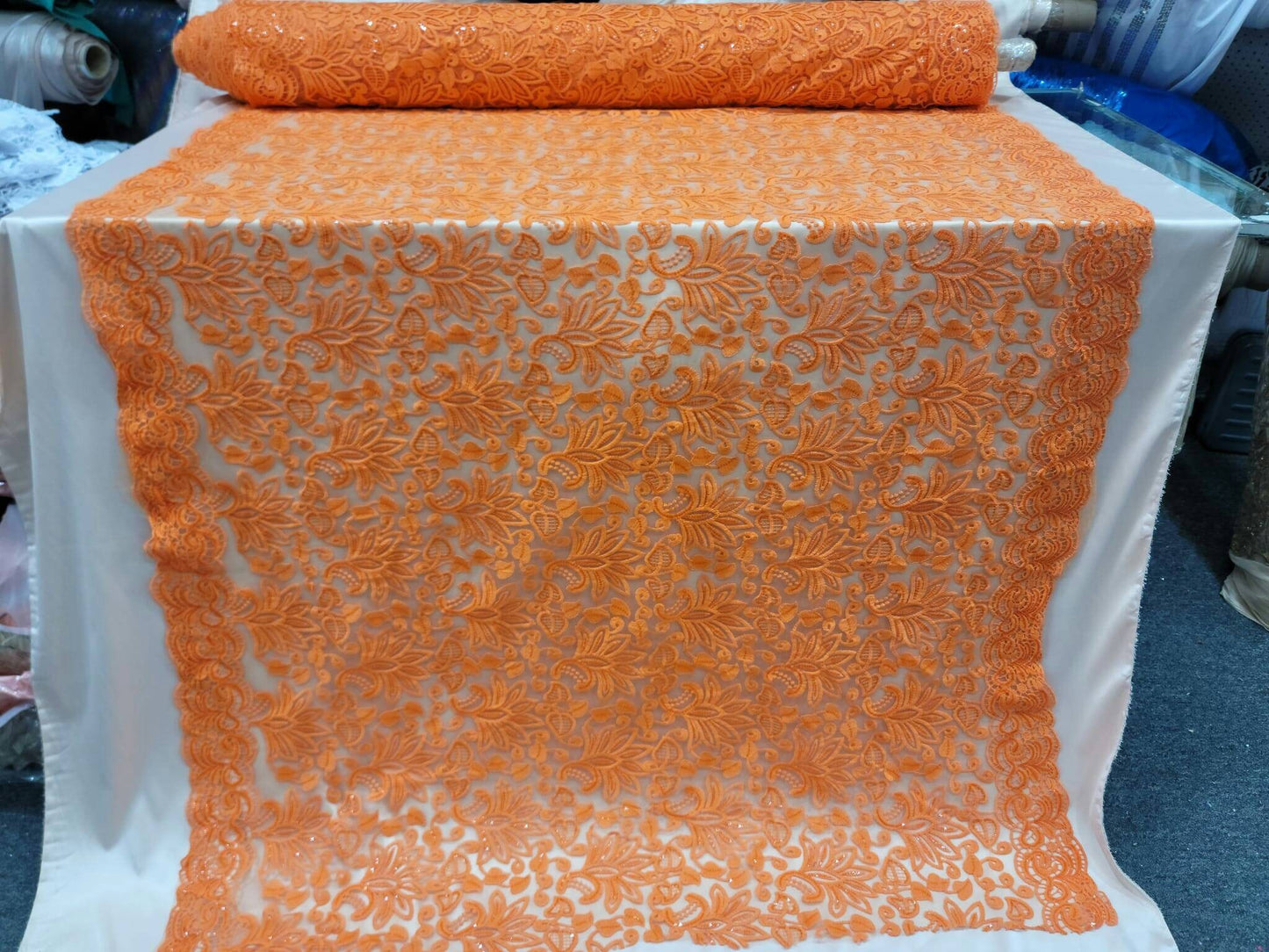 Orange Embroidery Lace Clear Sequin Fabric By The Yard Floral Flowers Double Scalloped Prom Quinceañera Bridal Evening Dress