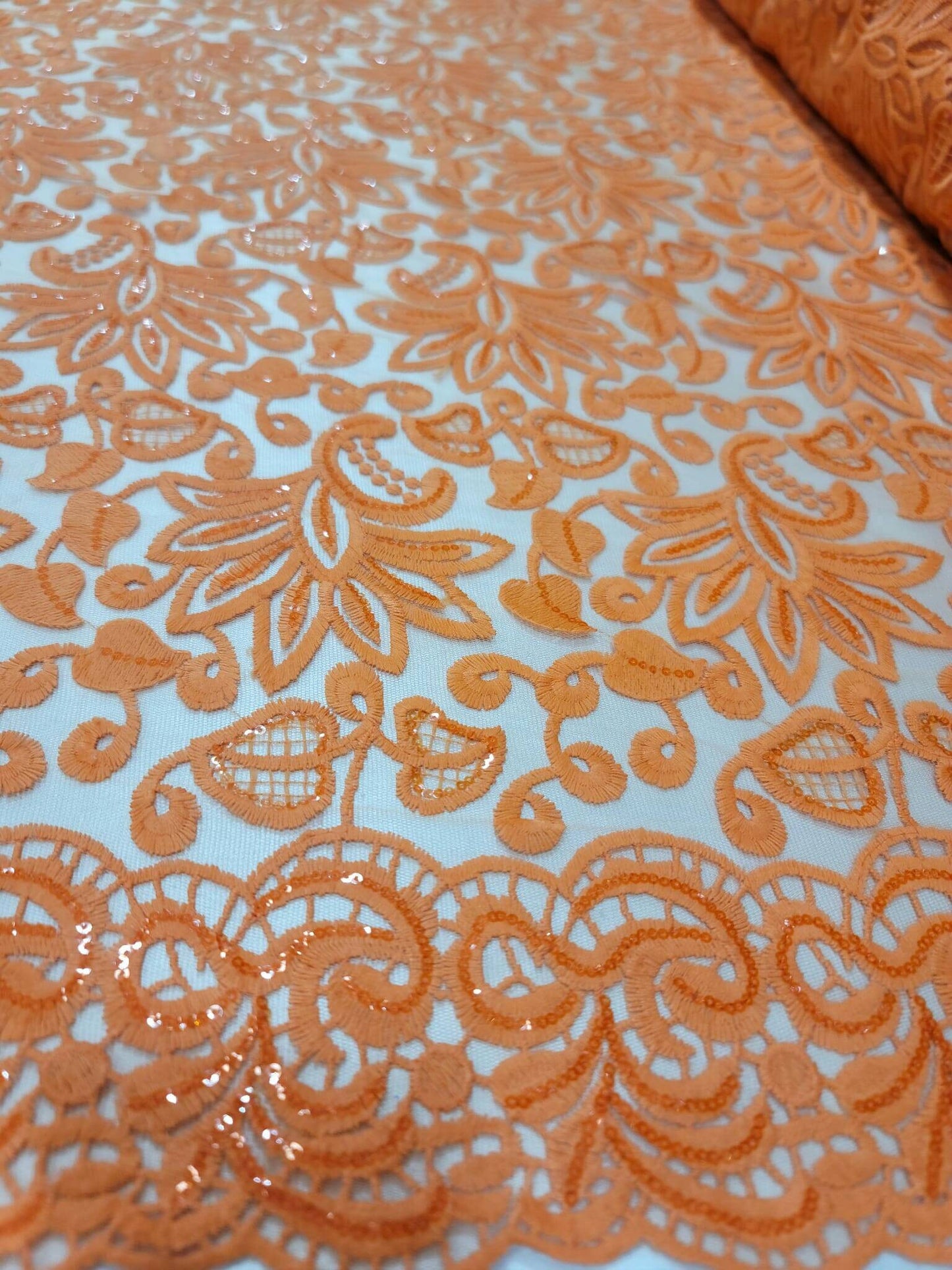 Orange Embroidery Lace Clear Sequin Fabric By The Yard Floral Flowers Double Scalloped Prom Quinceañera Bridal Evening Dress