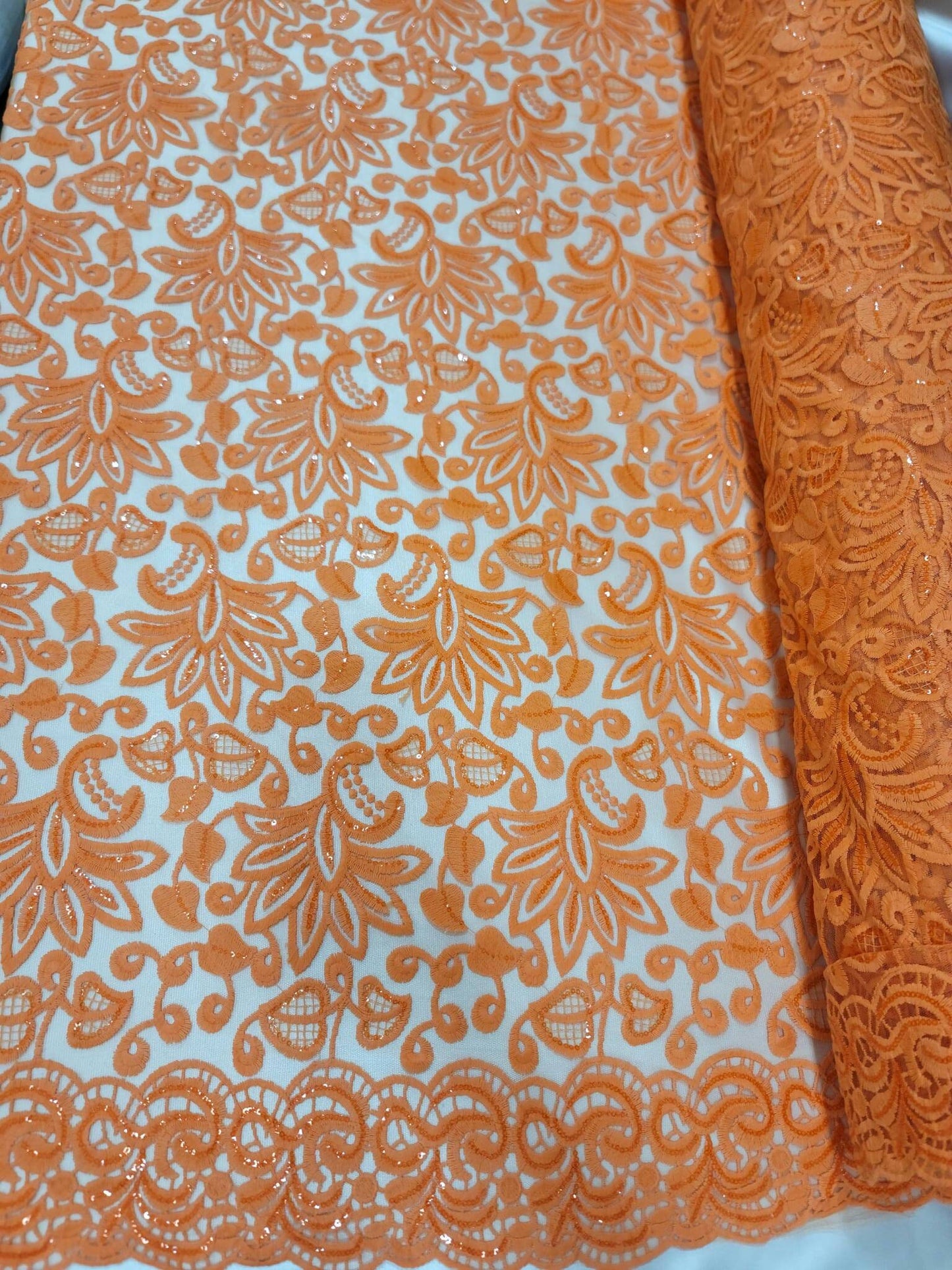 Orange Embroidery Lace Clear Sequin Fabric By The Yard Floral Flowers Double Scalloped Prom Quinceañera Bridal Evening Dress