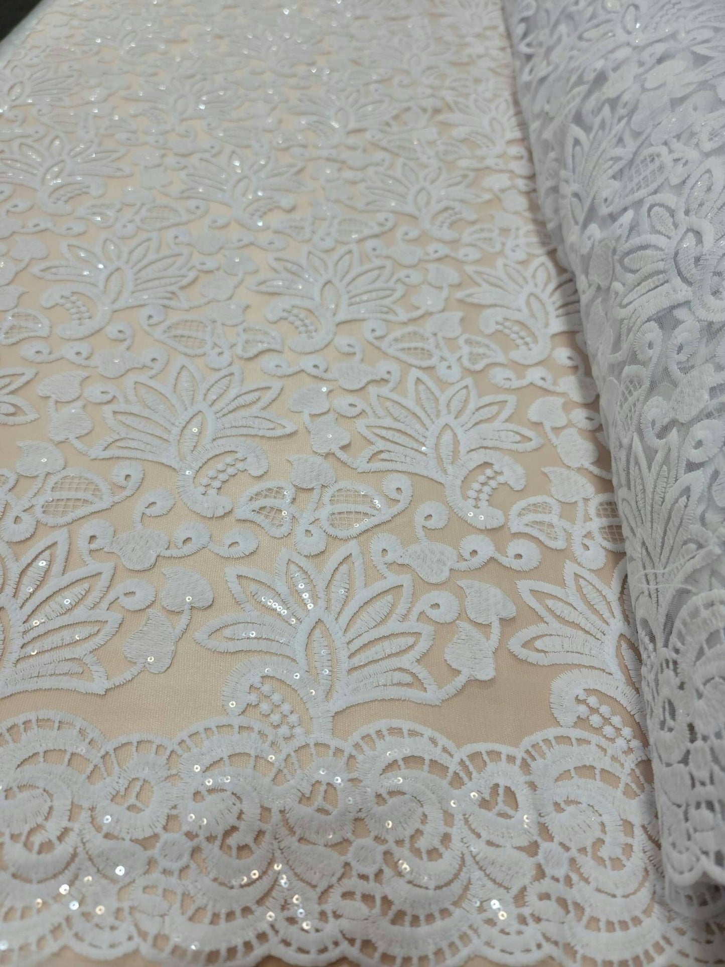 White Bridal Lace Floral Flowers Embroidered on Mesh Clear Sequin Fabric Sold by the Yard Double Scallops Gown Wedding Dress