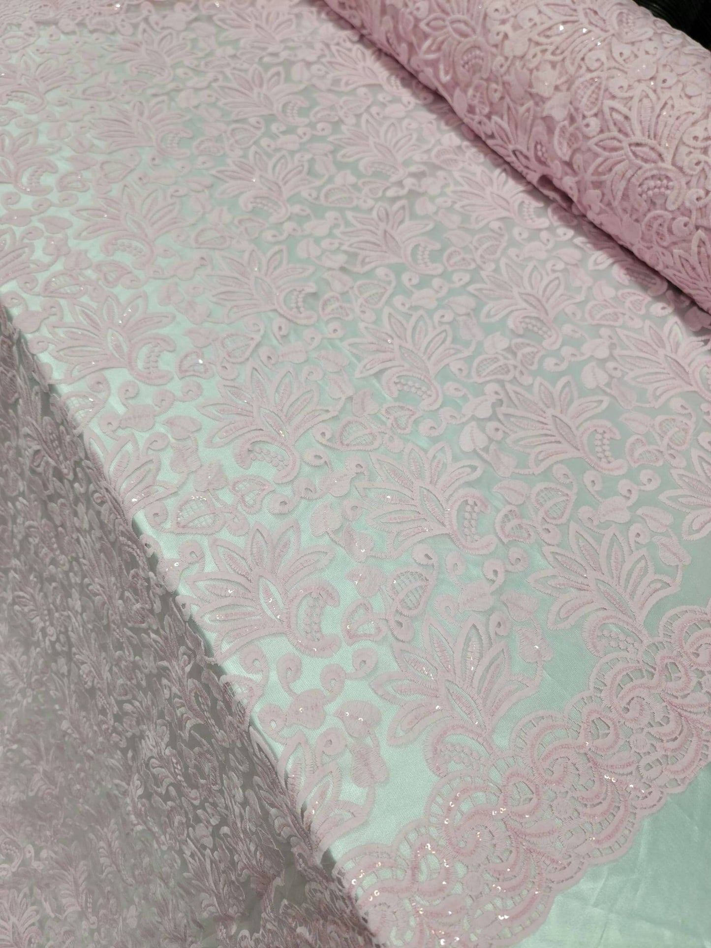 Pink Embroidery Lace Fabric Sold By The Yard The Yard Clear Sequin Double Scalloped Floral flowers Bridal Evening Dress Quinceañera Gown
