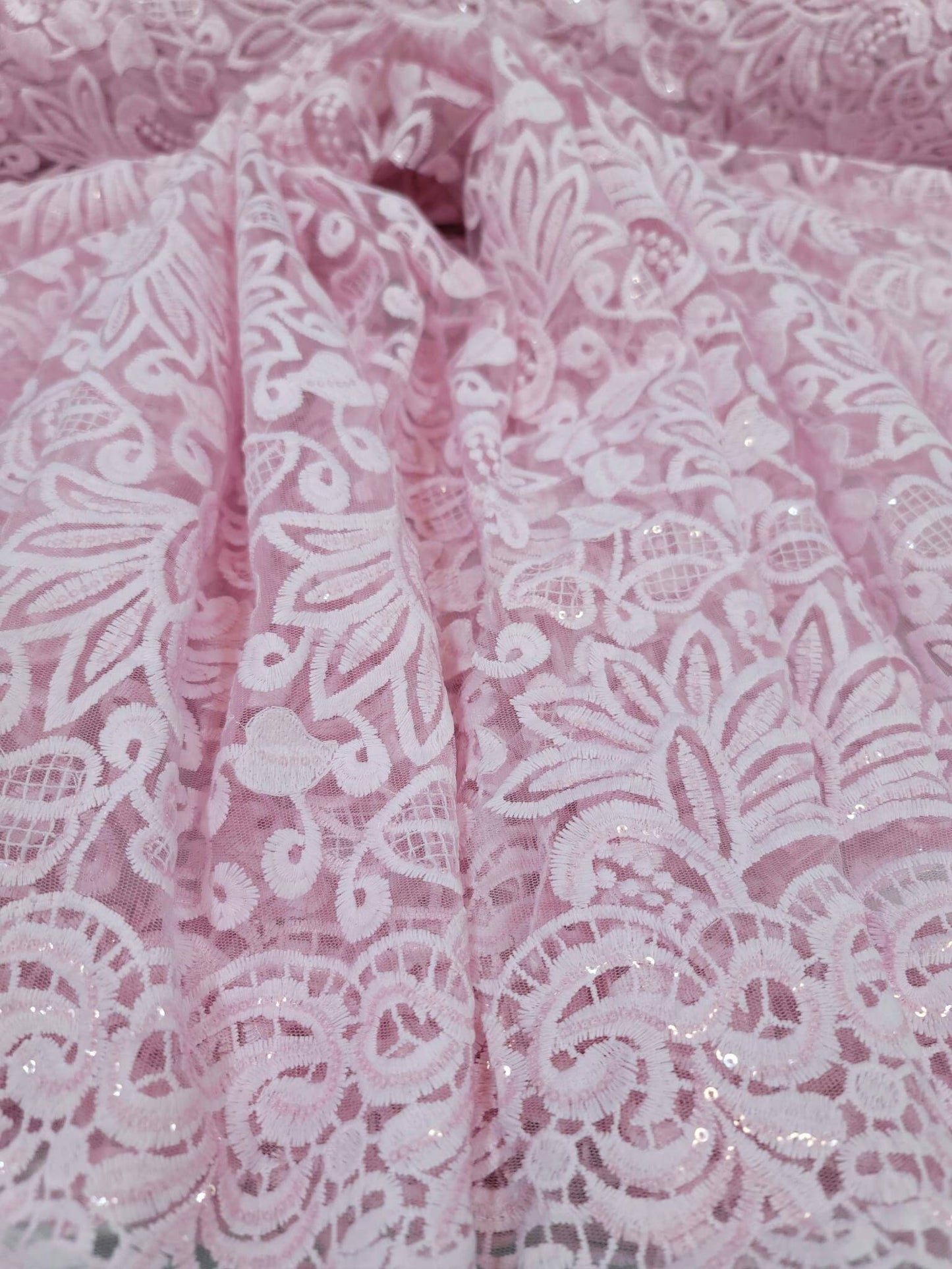 Pink Embroidery Lace Fabric Sold By The Yard The Yard Clear Sequin Double Scalloped Floral flowers Bridal Evening Dress Quinceañera Gown