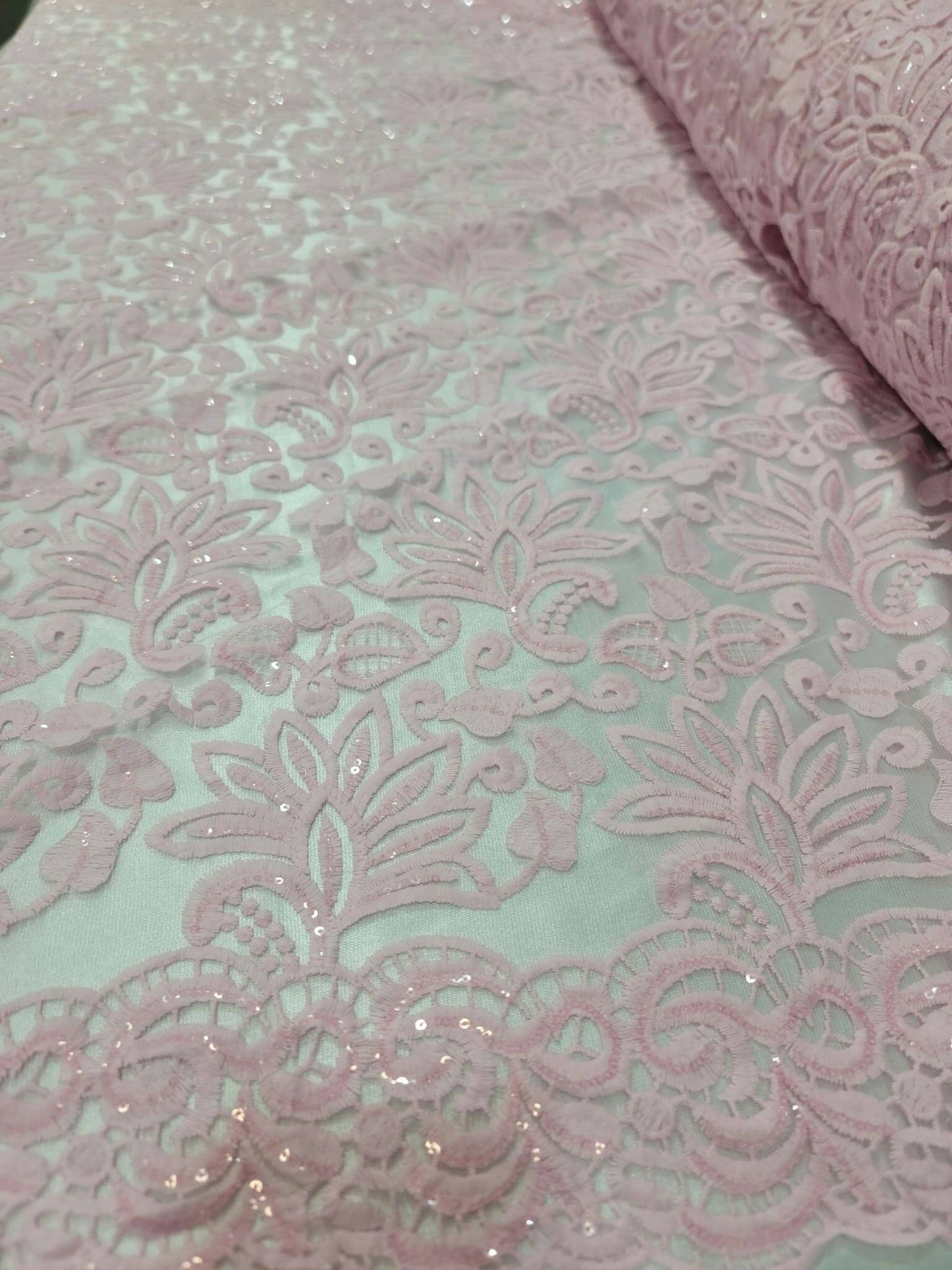 Pink Embroidery Lace Fabric Sold By The Yard The Yard Clear Sequin Double Scalloped Floral flowers Bridal Evening Dress Quinceañera Gown