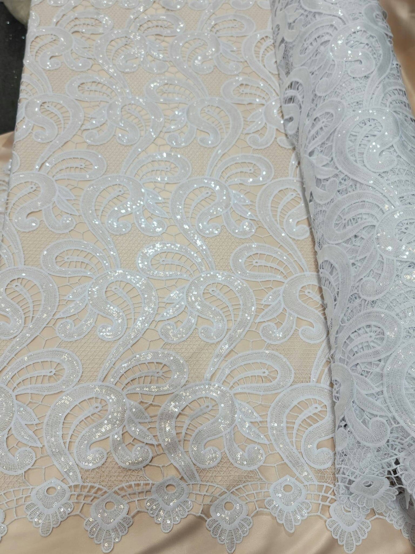 White Guipure Lace Clear Sequin Fabric By The Yard Geometric Pattern Bridal Evening Dress Heavy Embroidery